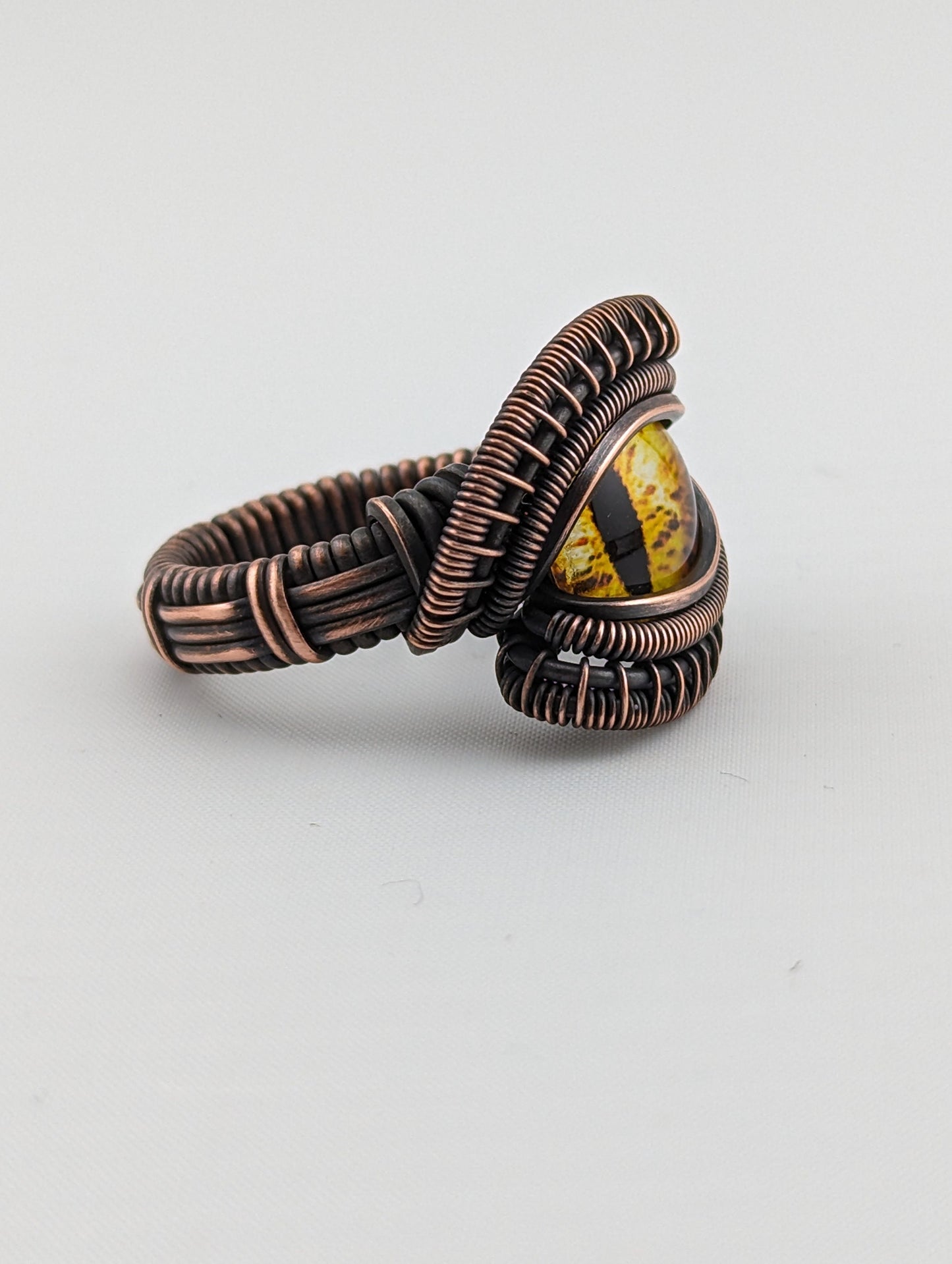 Wire Wrapped Yellow Dragon Eye Handmade Copper Ring Size 8