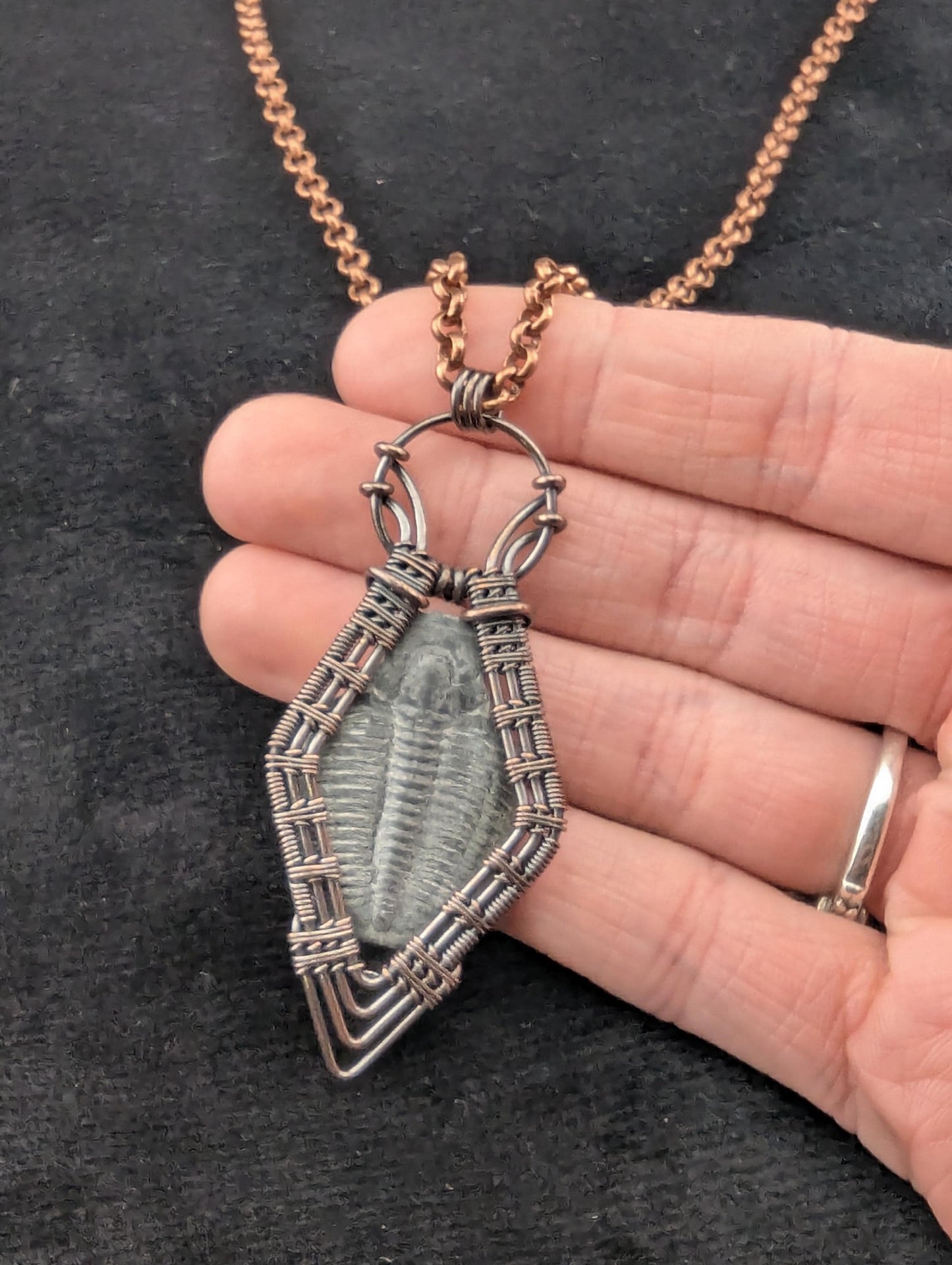 Wire Wrapped Trilobite Fossil Handmade Copper Pendant Necklace