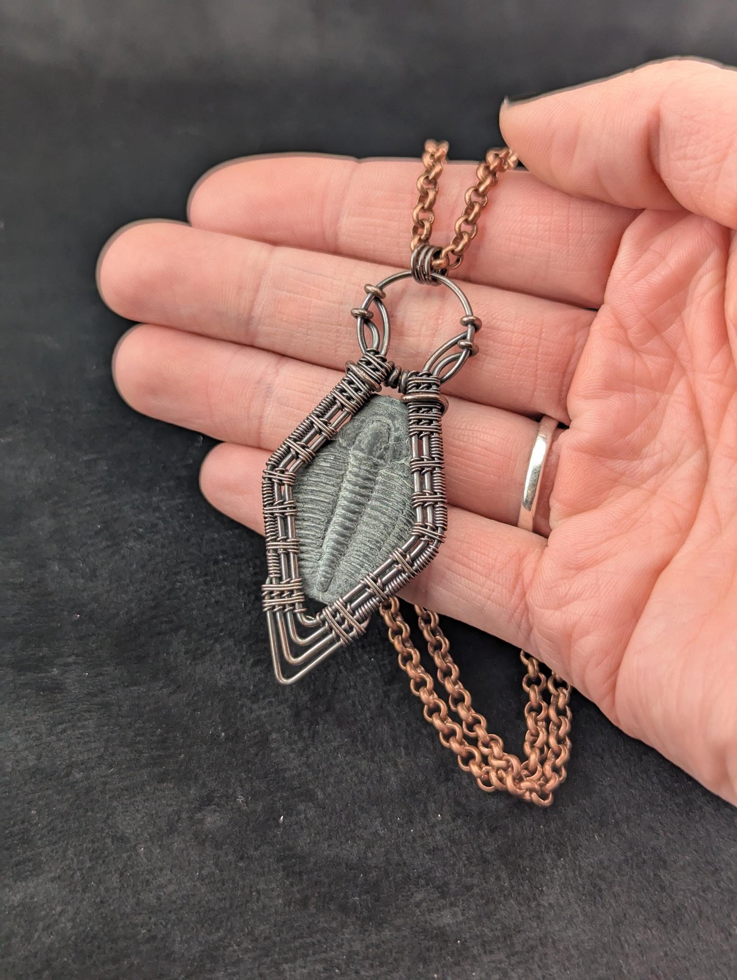 Wire Wrapped Trilobite Fossil Handmade Copper Pendant Necklace