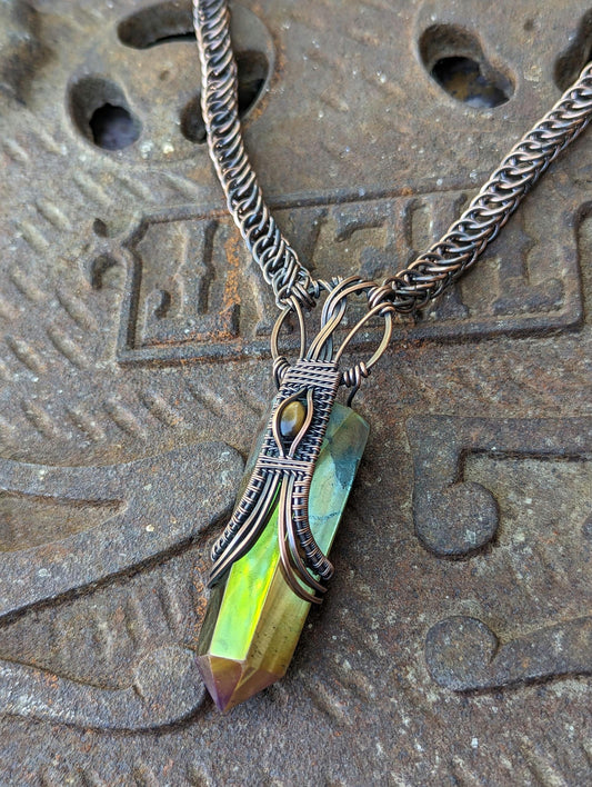 "Rainbow Courage" - Tiger's Eye Crystal Point Pendant