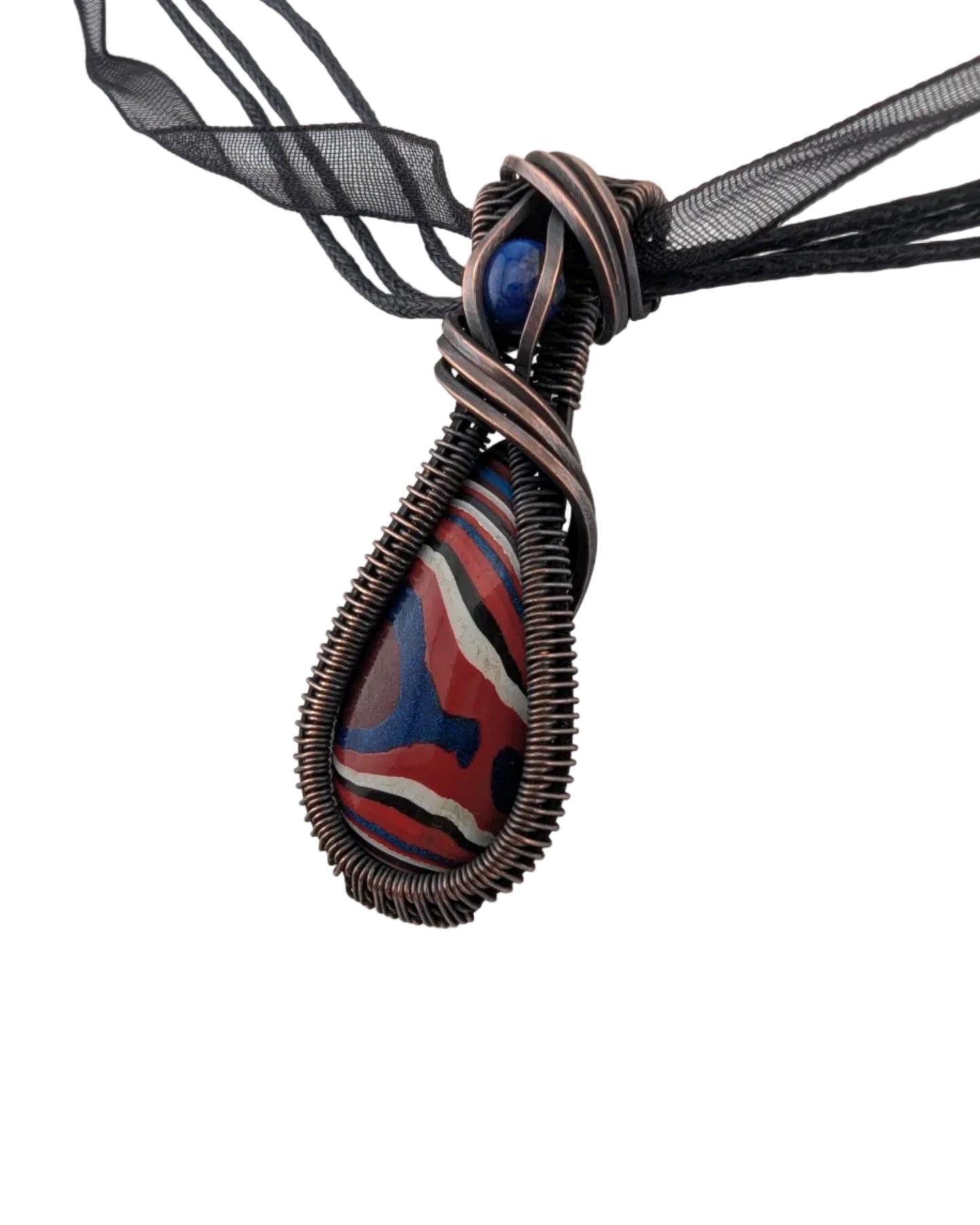 Fordite and Lapis Lazuli Copper Pendant - "Painted Sky Seed"