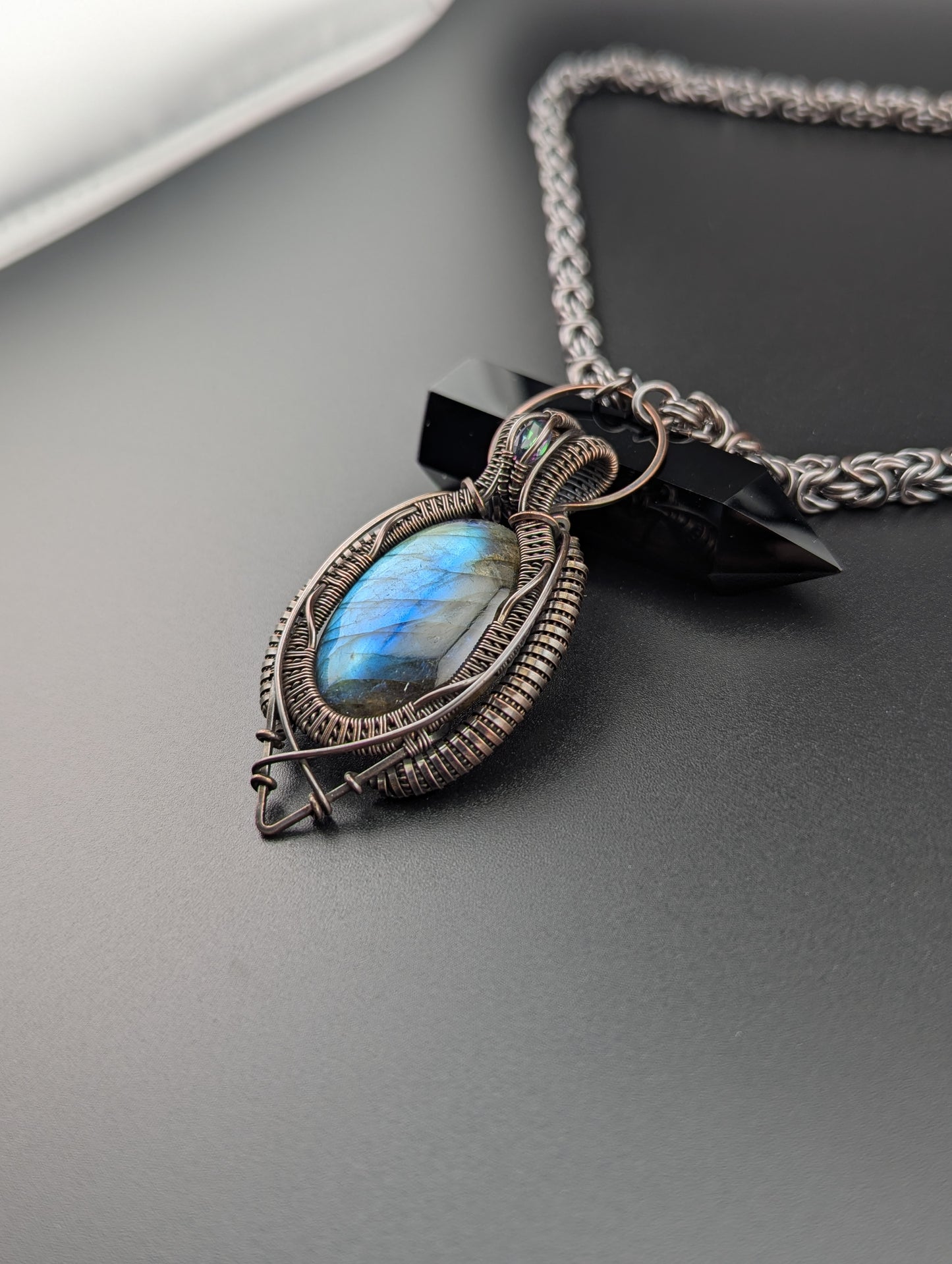 "Crystal Tiger" - Labradorite and Mystic Topaz Amulet