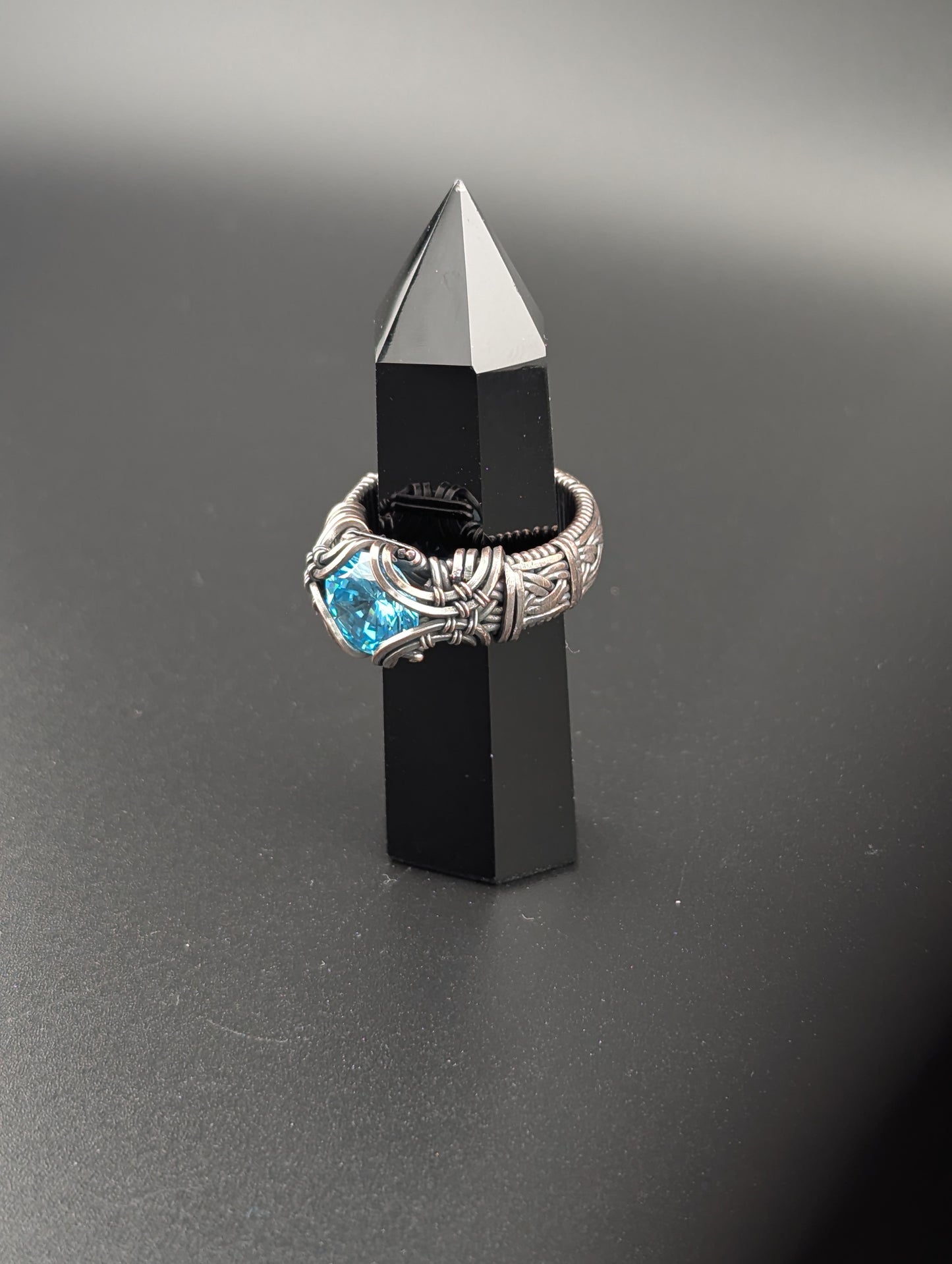 Wire Wrapped Cubic Zirconia Handmade Ring, Antique Copper, Brilliant Cut Blue CZ