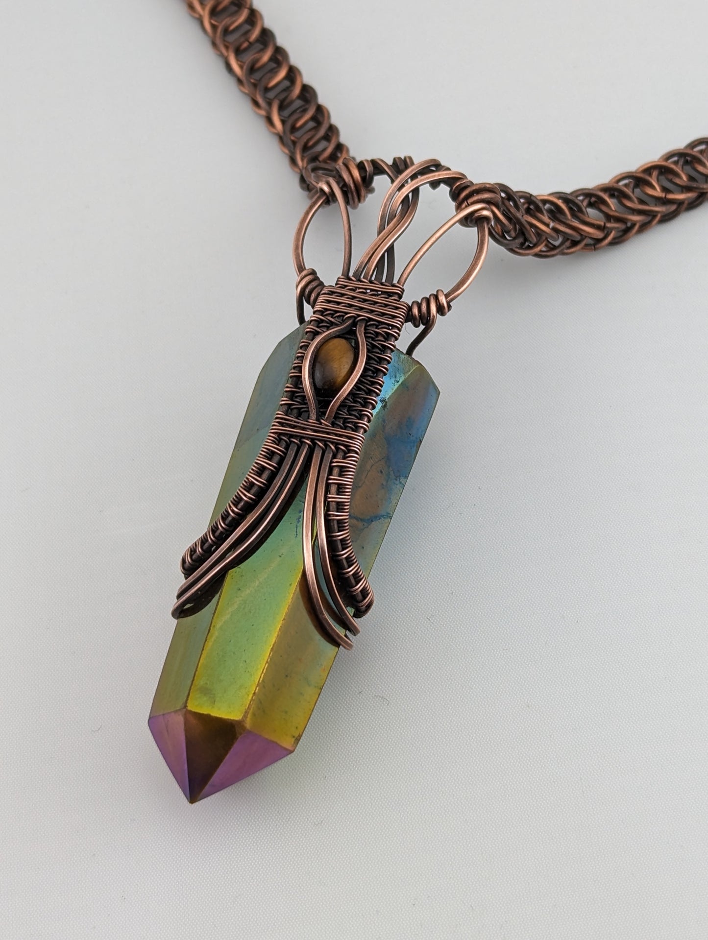 "Rainbow Courage" - Tiger's Eye Crystal Point Pendant