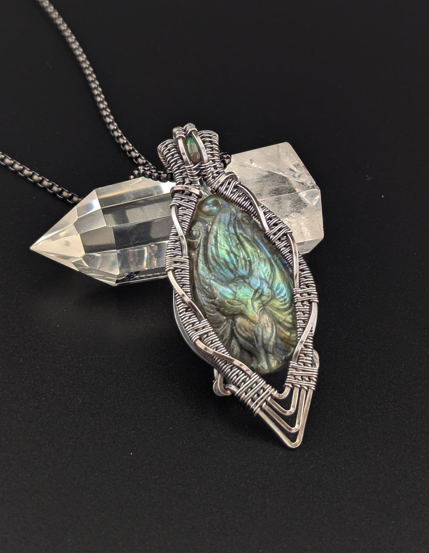 Sterling Silver Fox Labradorite and Black Opal Handmade Copper Pendant Necklace "Ninetails"