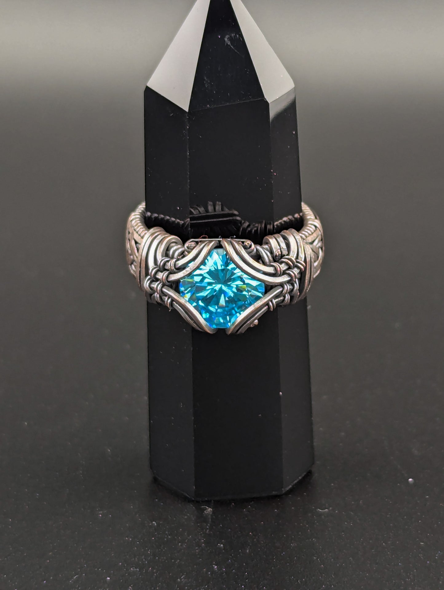 Wire Wrapped Cubic Zirconia Handmade Ring, Antique Copper, Brilliant Cut Blue CZ