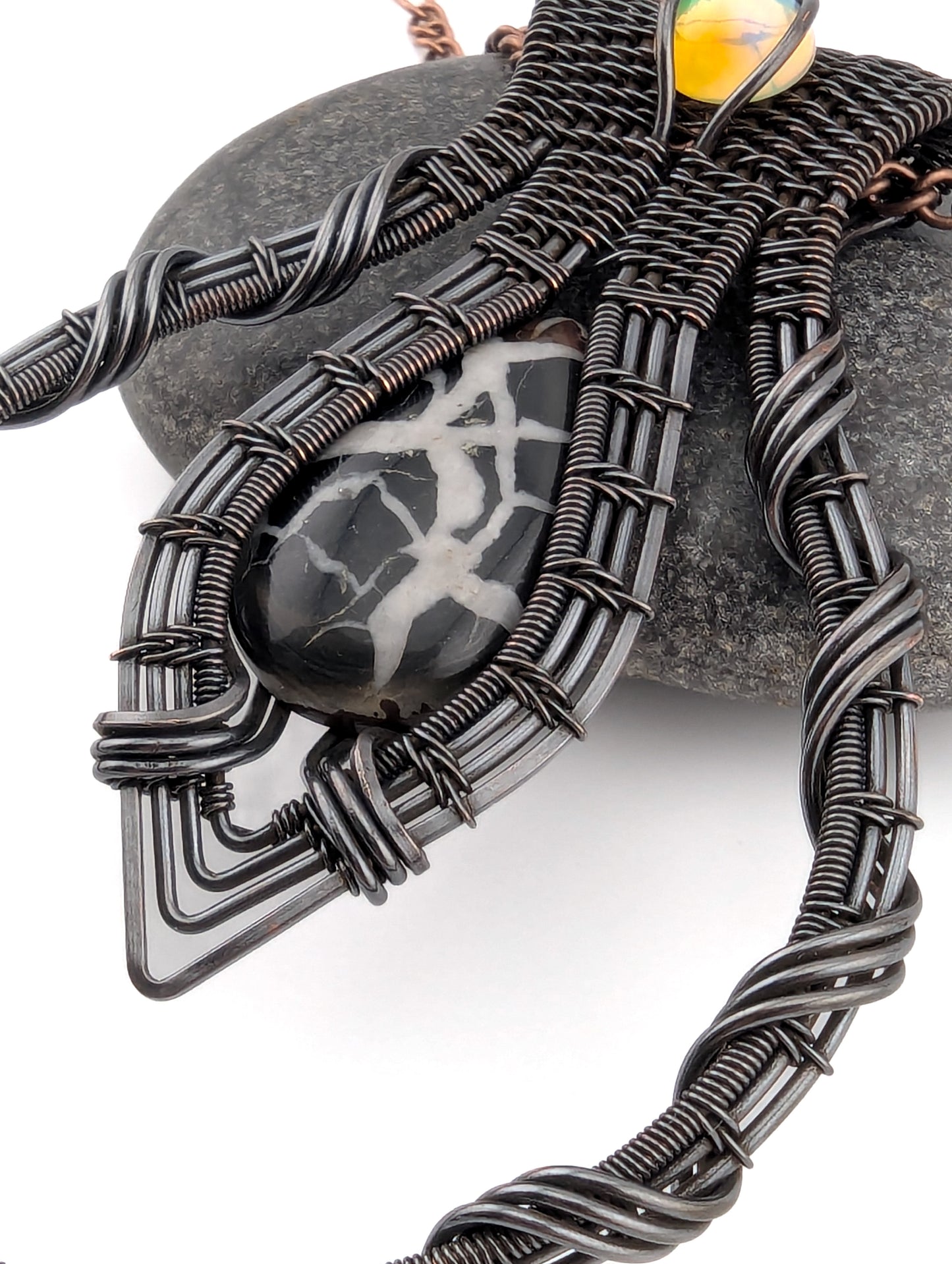 Wire Wrapped Septarian and Ethiopian Opal Handmade Copper Pendant Necklace