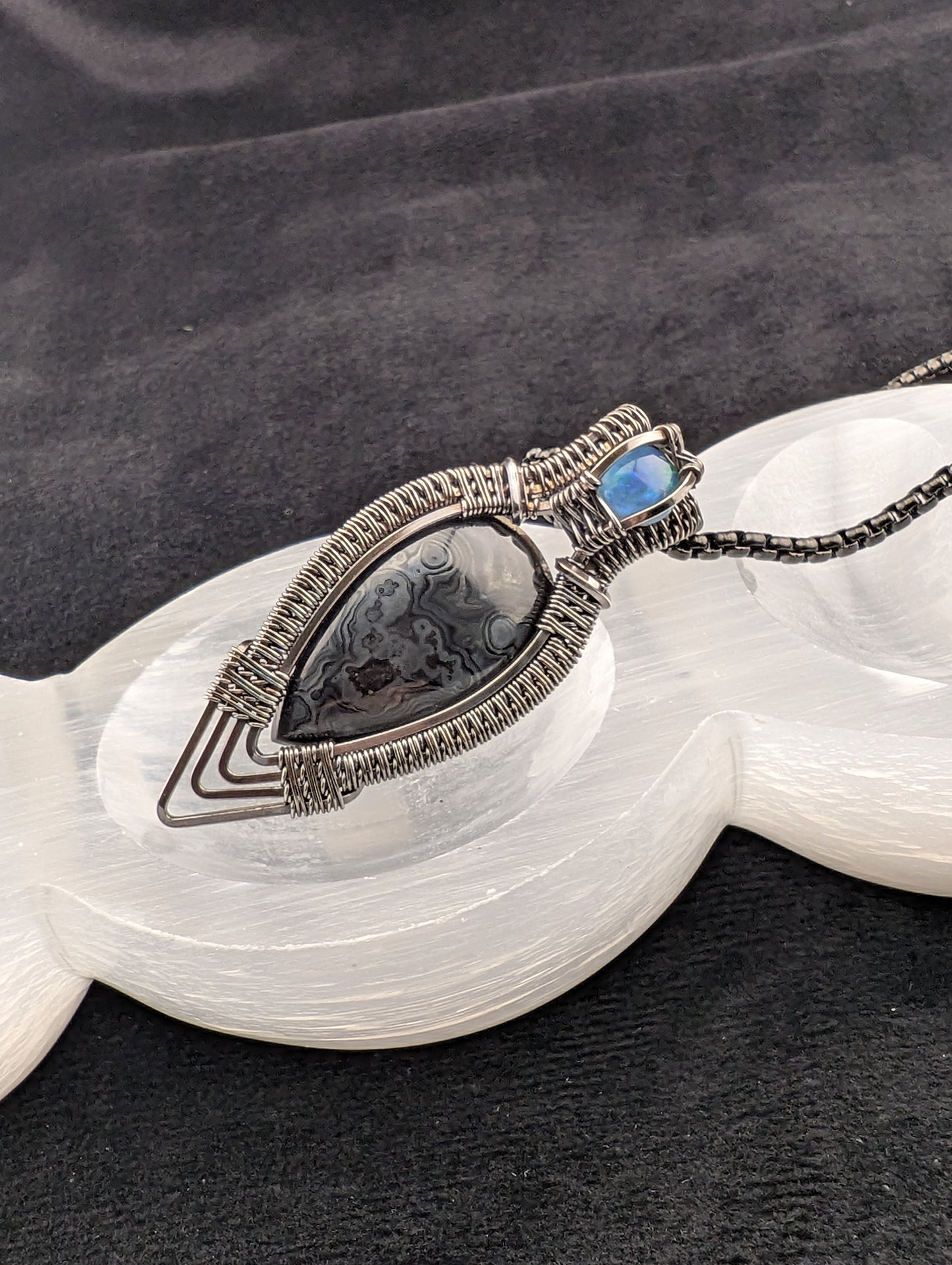 Sterling Silver Psilomelane and Blue Opal Wire Wrapped Handmade Pendant Necklace