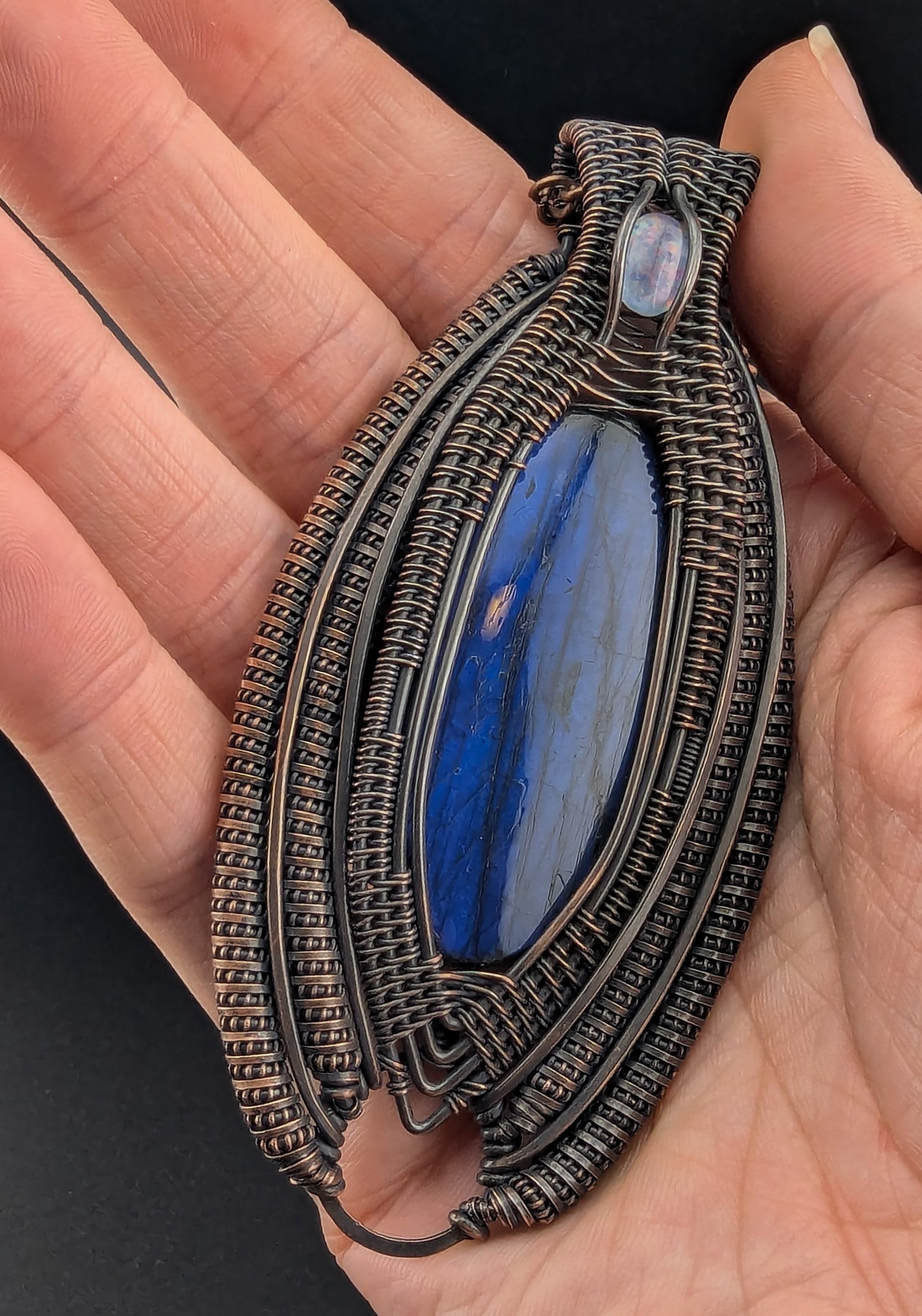 Labradorite and Opal Copper Wire Wrap Pendant - "Gaze of the Evil Eye"