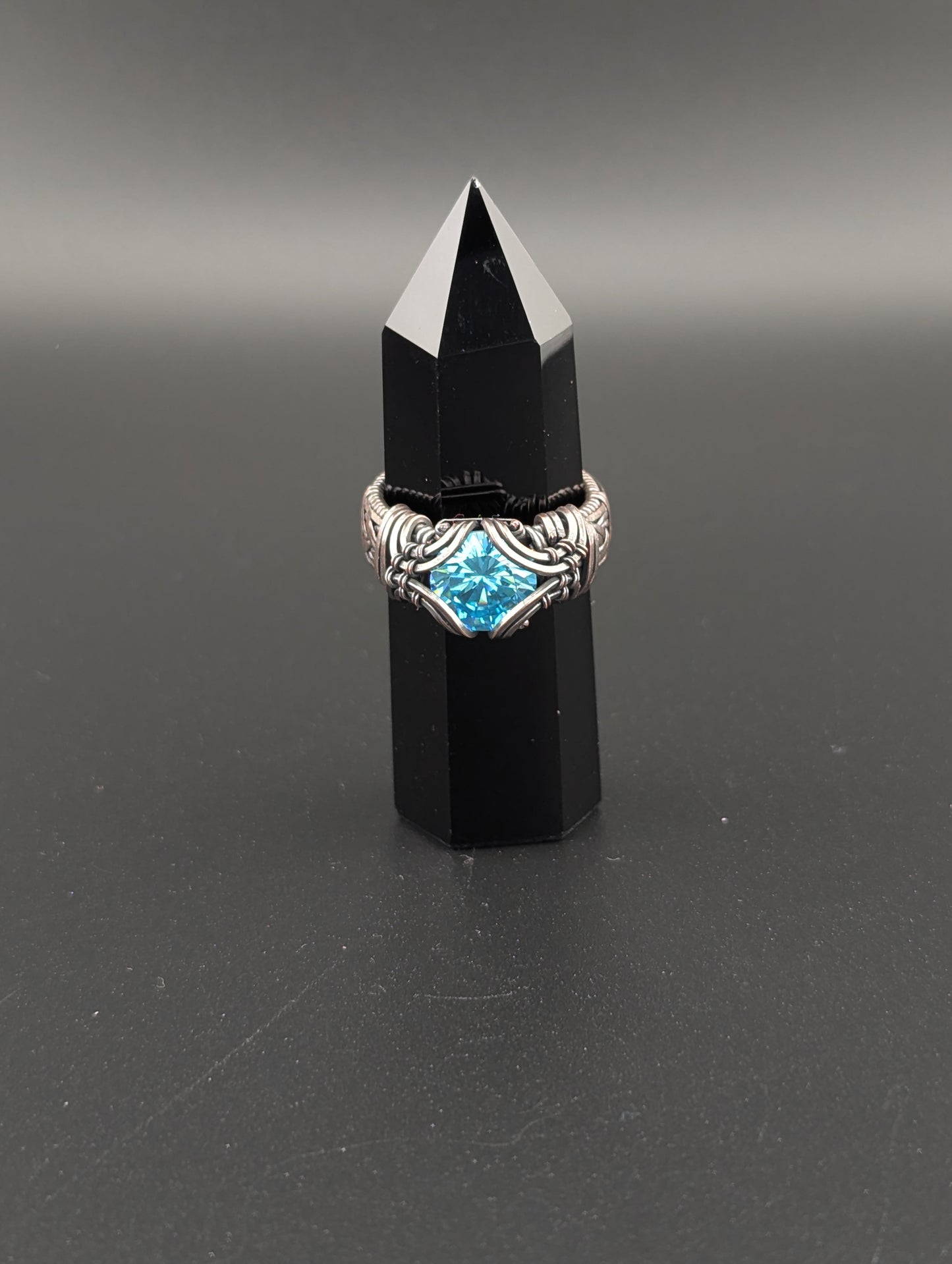 Wire Wrapped Cubic Zirconia Handmade Ring, Antique Copper, Brilliant Cut Blue CZ