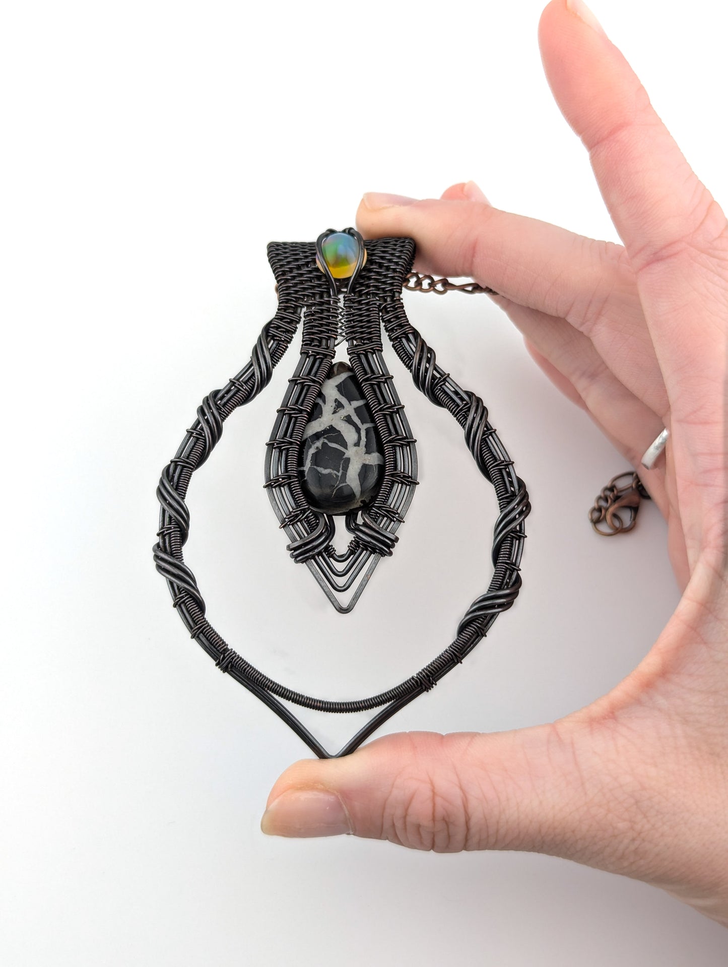 Wire Wrapped Septarian and Ethiopian Opal Handmade Copper Pendant Necklace