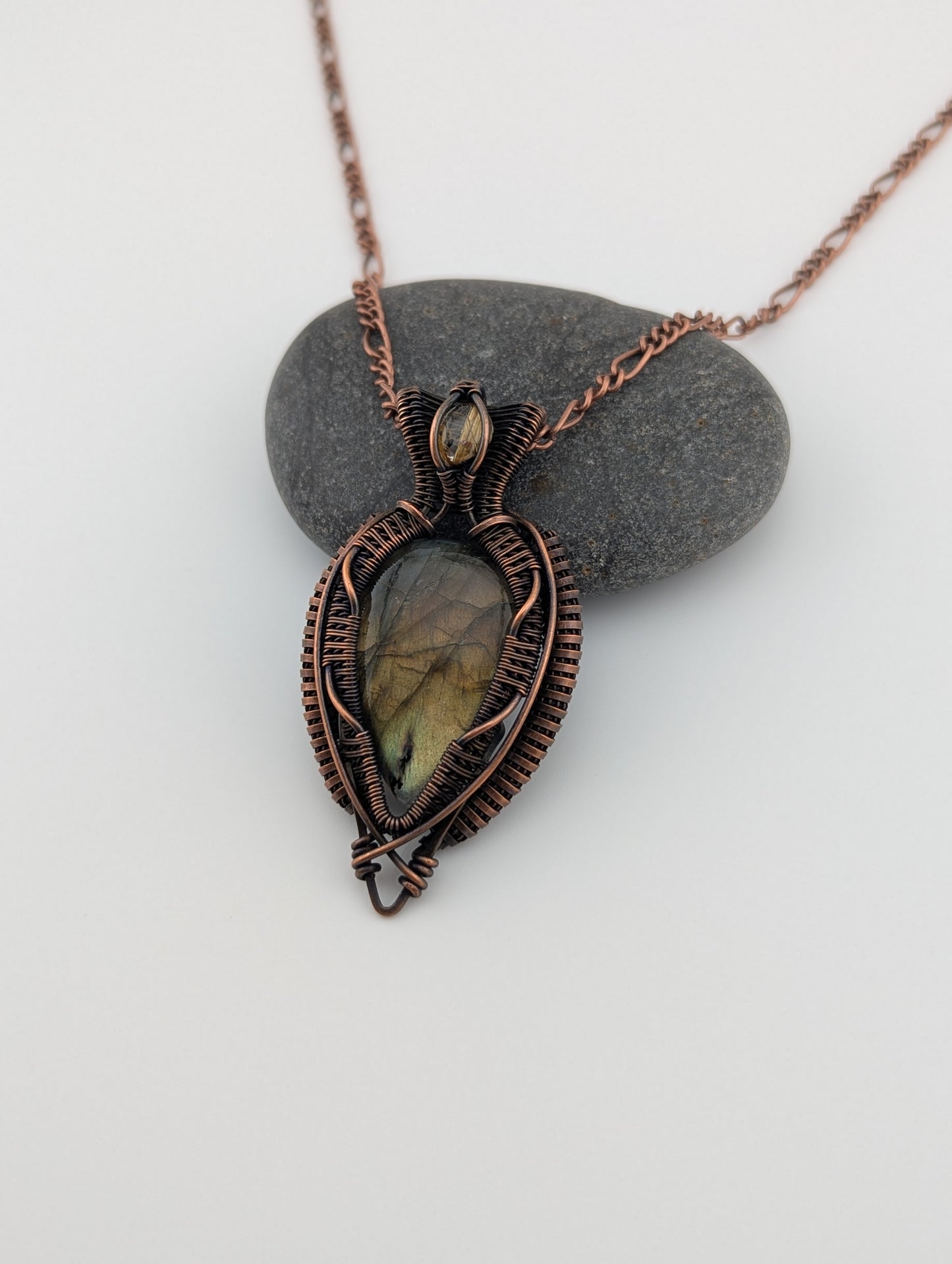 Wire Wrapped Gold Labradorite and Rutilized Quartz Handmade Copper Pendant Necklace