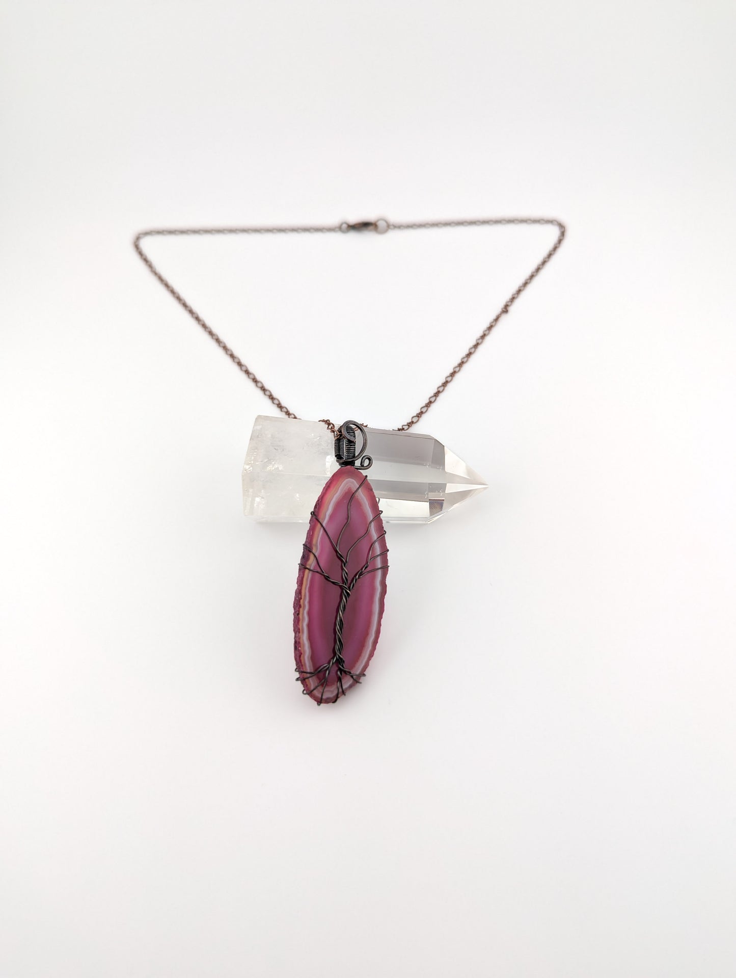 Pink Agate Slice Tree of Life Pendant