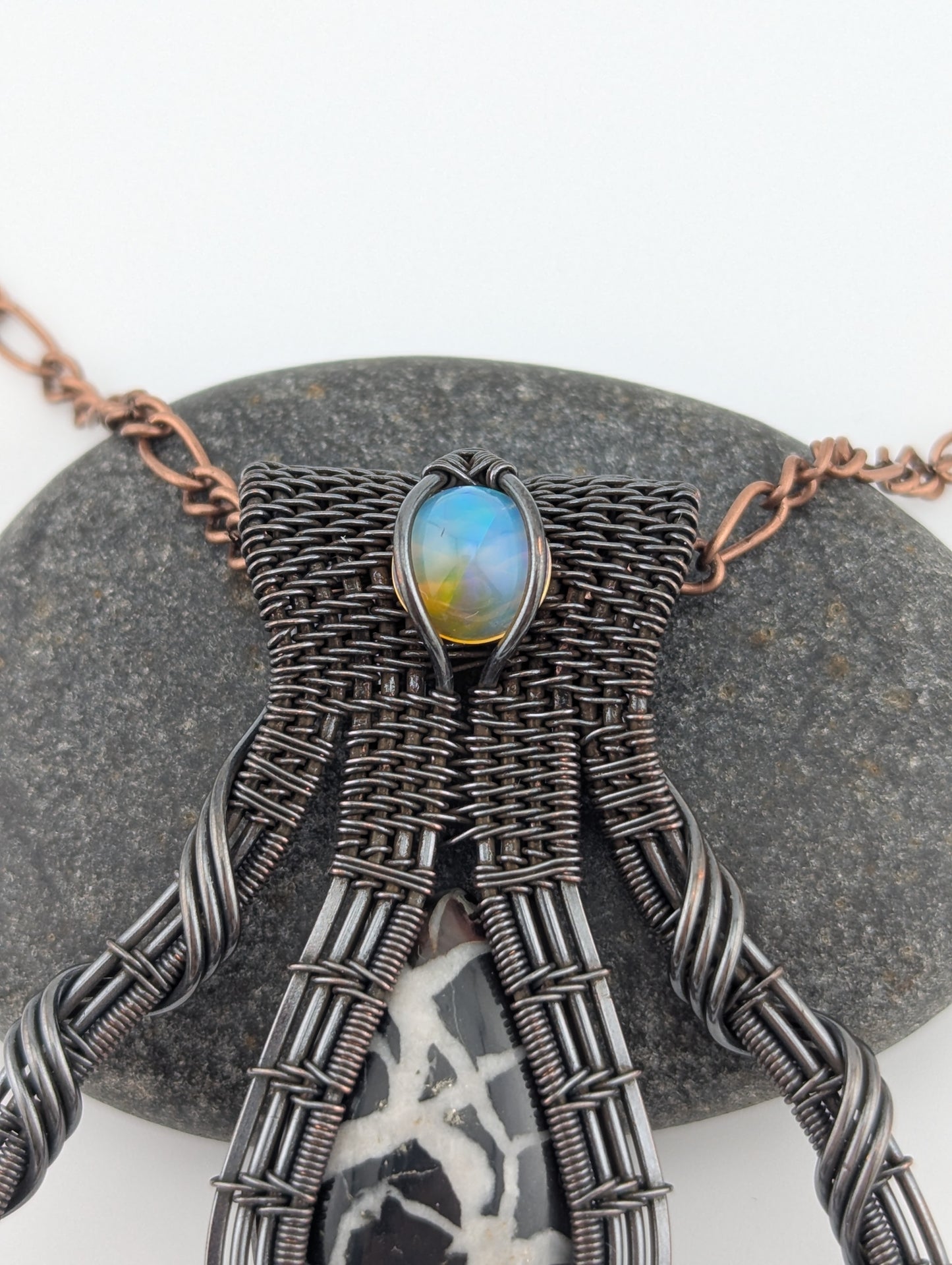Wire Wrapped Septarian and Ethiopian Opal Handmade Copper Pendant Necklace