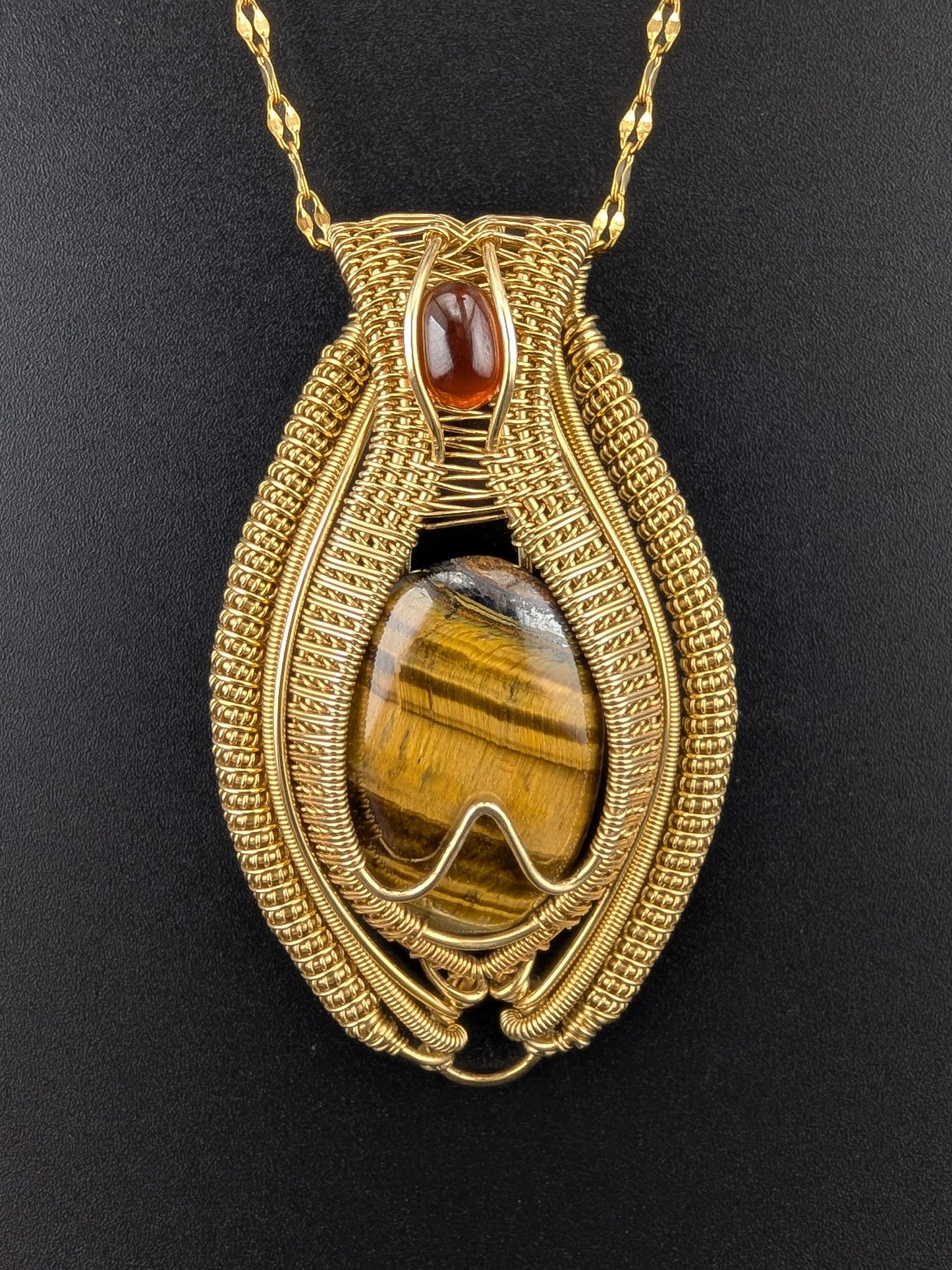 Tigers Eye & Garnet Brass Necklace - "Amulet of Strength"