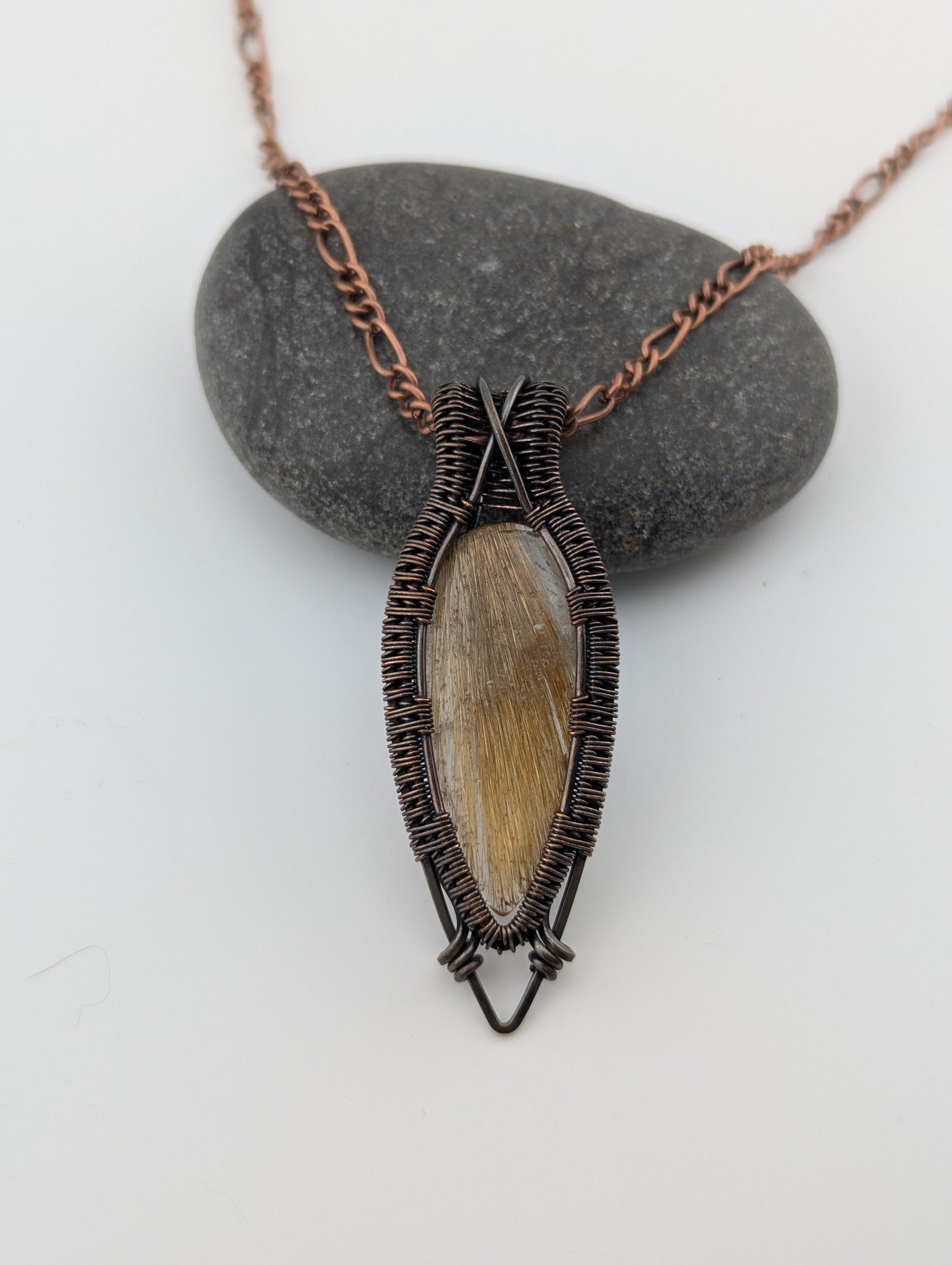 Wire Wrapped Golden Rutilated Quartz Handmade Copper Pendant Necklace