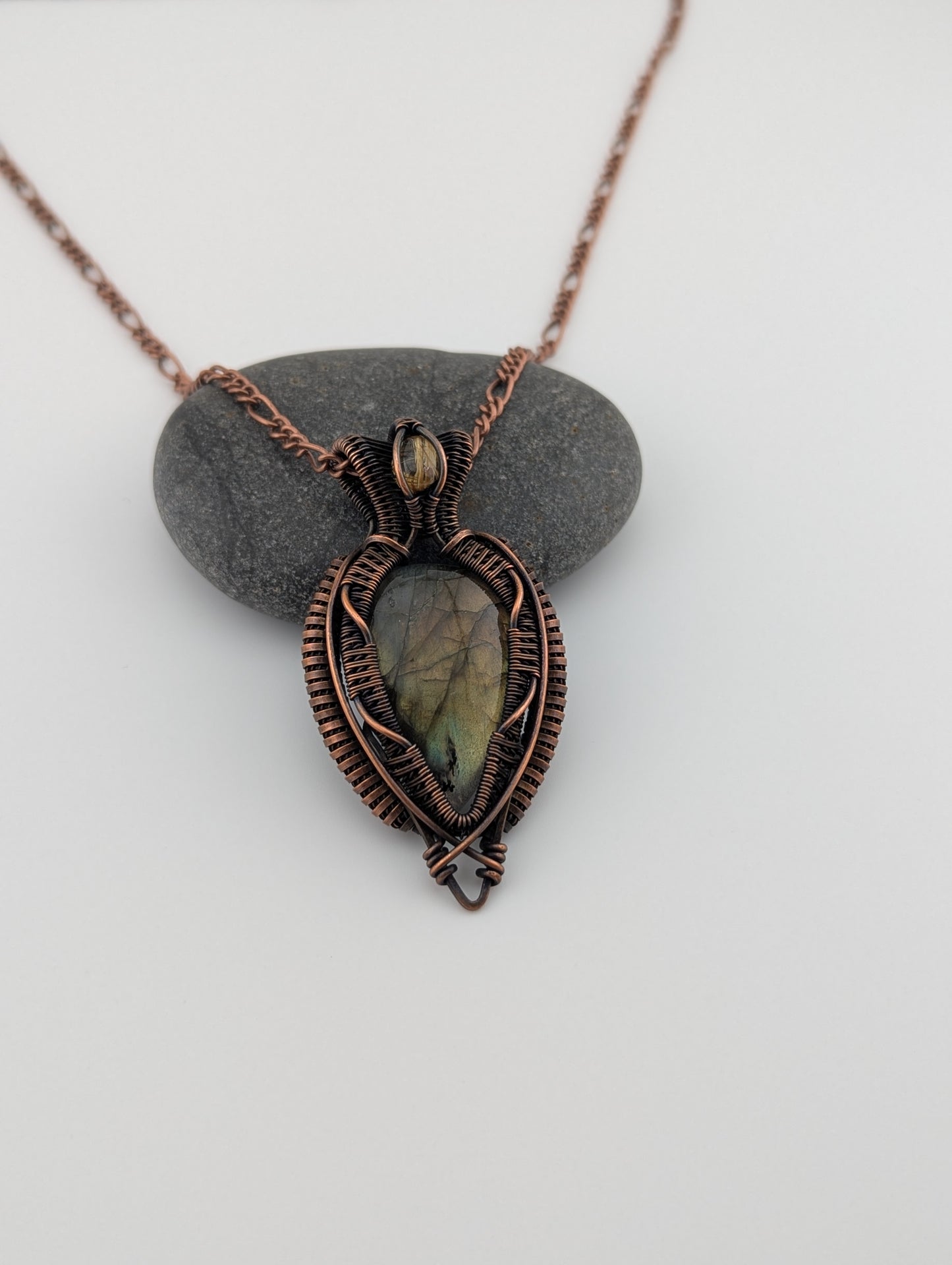 Wire Wrapped Gold Labradorite and Rutilized Quartz Handmade Copper Pendant Necklace