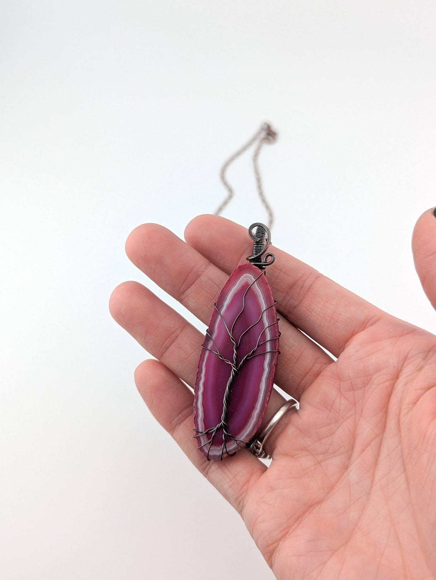Pink Agate Slice Tree of Life Pendant