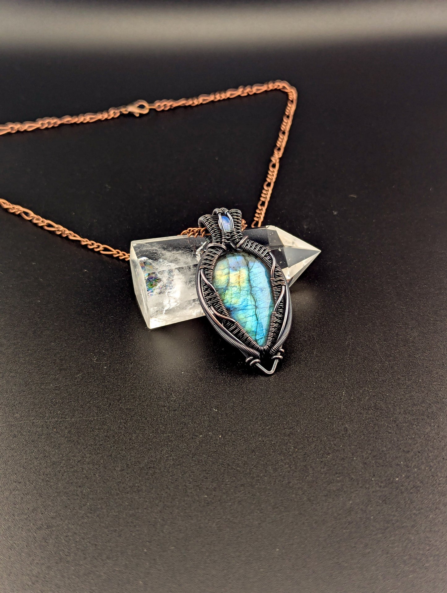 Wire Wrapped Labradorite and Opal Handmade Copper Pendant Necklace "Fairy Wings"