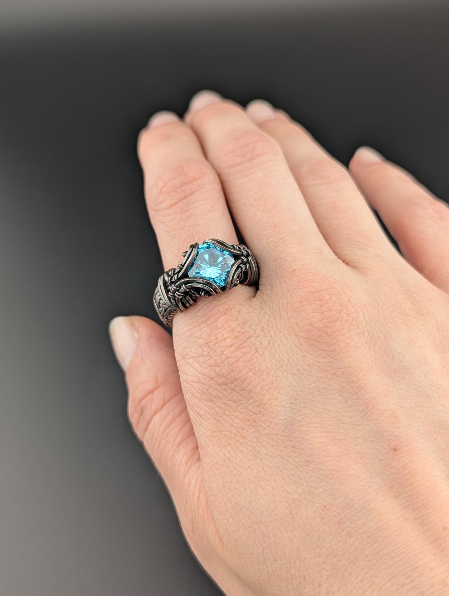 Wire Wrapped Cubic Zirconia Handmade Ring, Antique Copper, Brilliant Cut Blue CZ