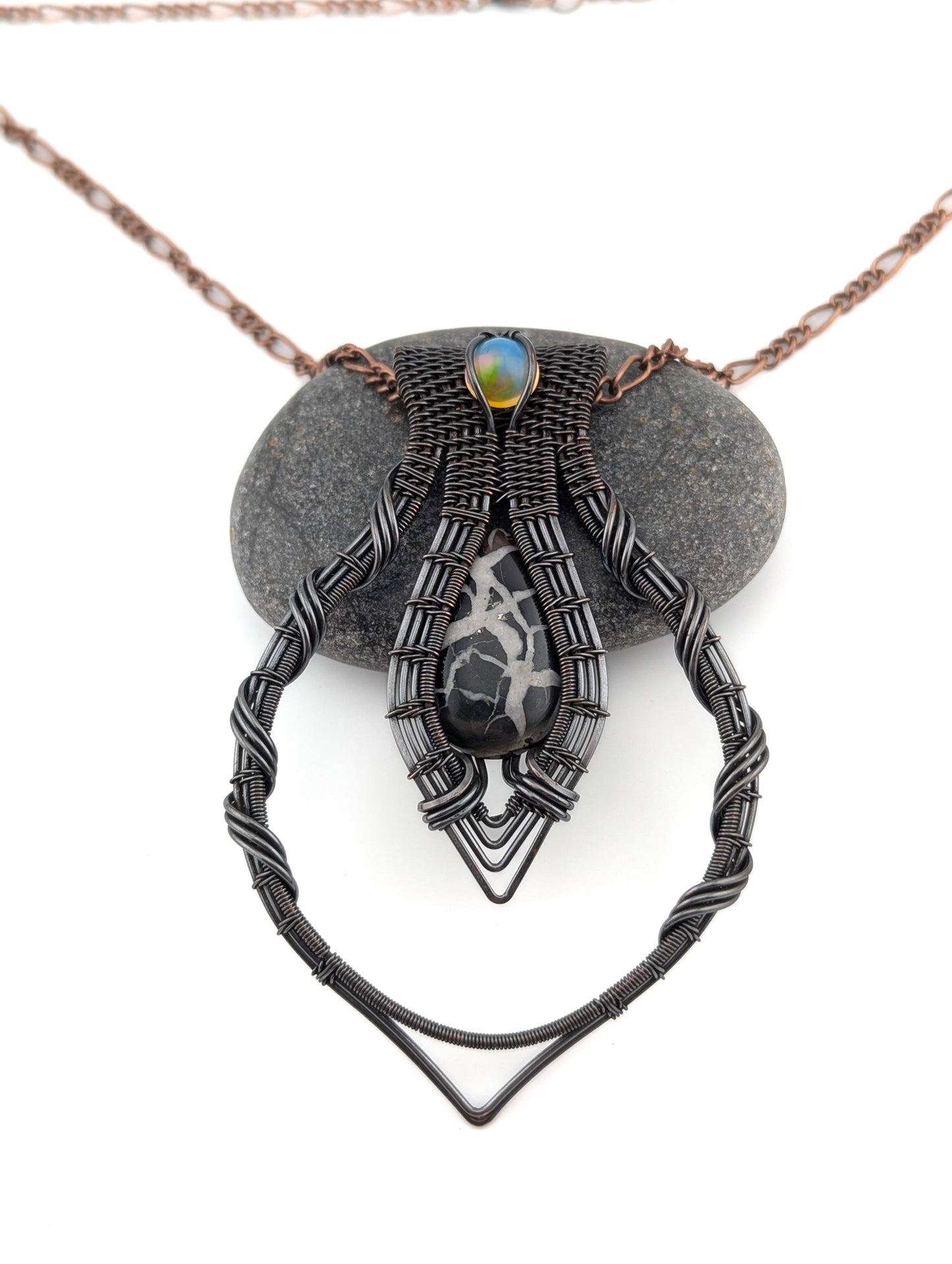 Wire Wrapped Septarian and Ethiopian Opal Handmade Copper Pendant Necklace