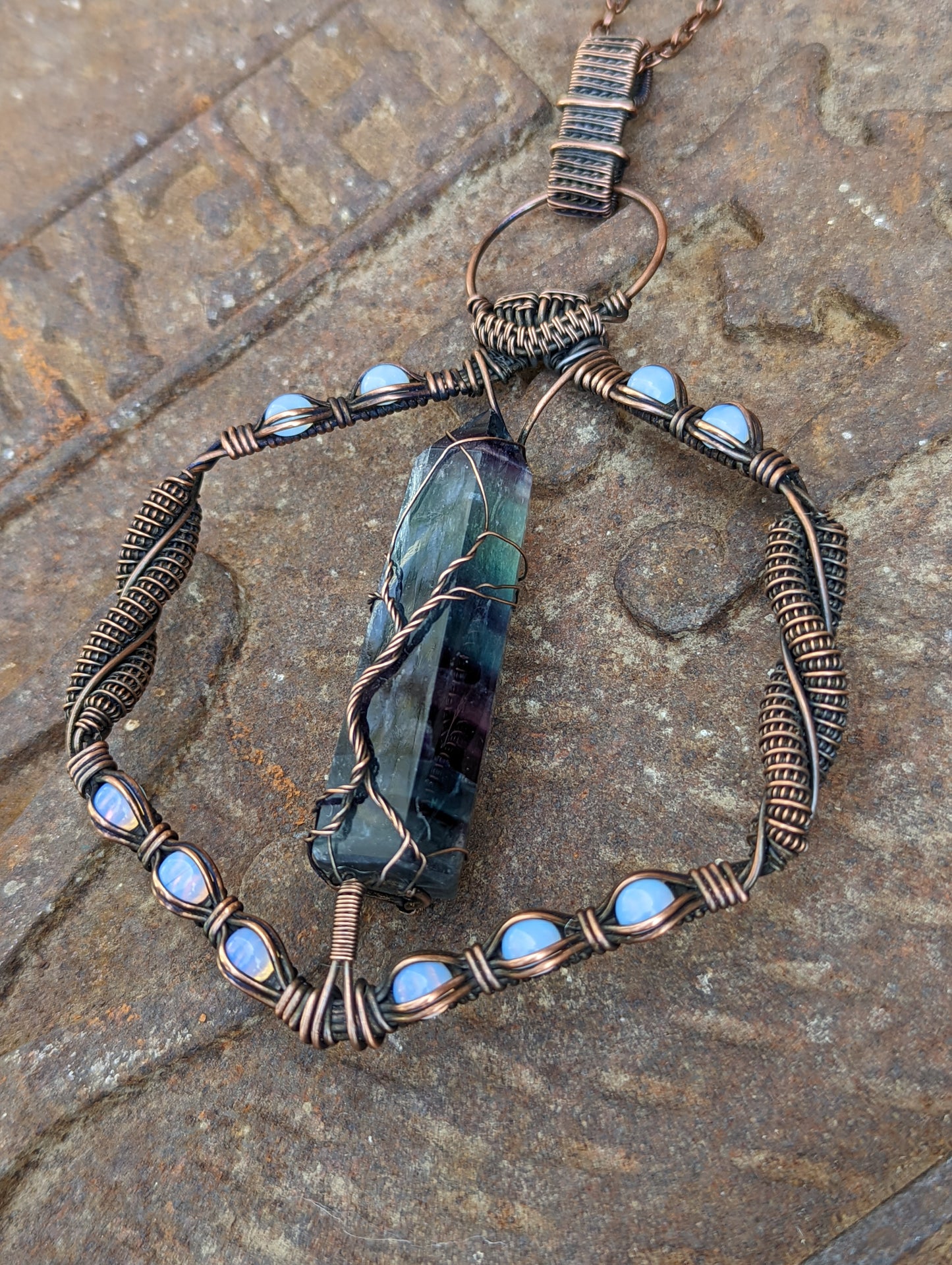 Fluorite Crystal Point and Opalite - Geometric Copper Wire Wrapped Necklace - "Mystical Memories"