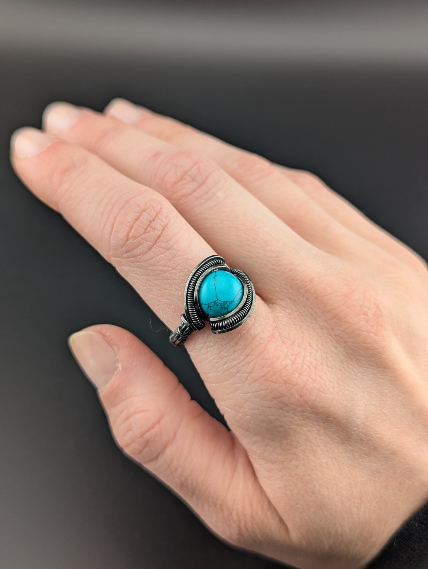 Wire Wrapped Turquoise Handmade Copper Ring Size 7