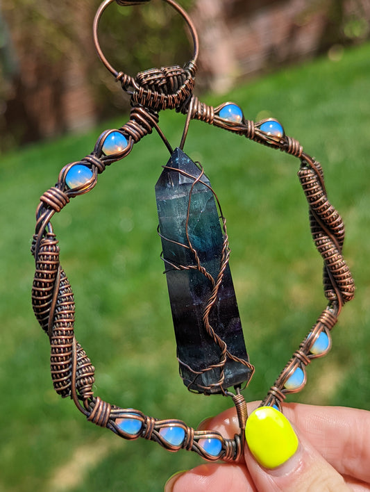 Fluorite Crystal Point and Opalite - Copper Necklace - "Mystical Memories"