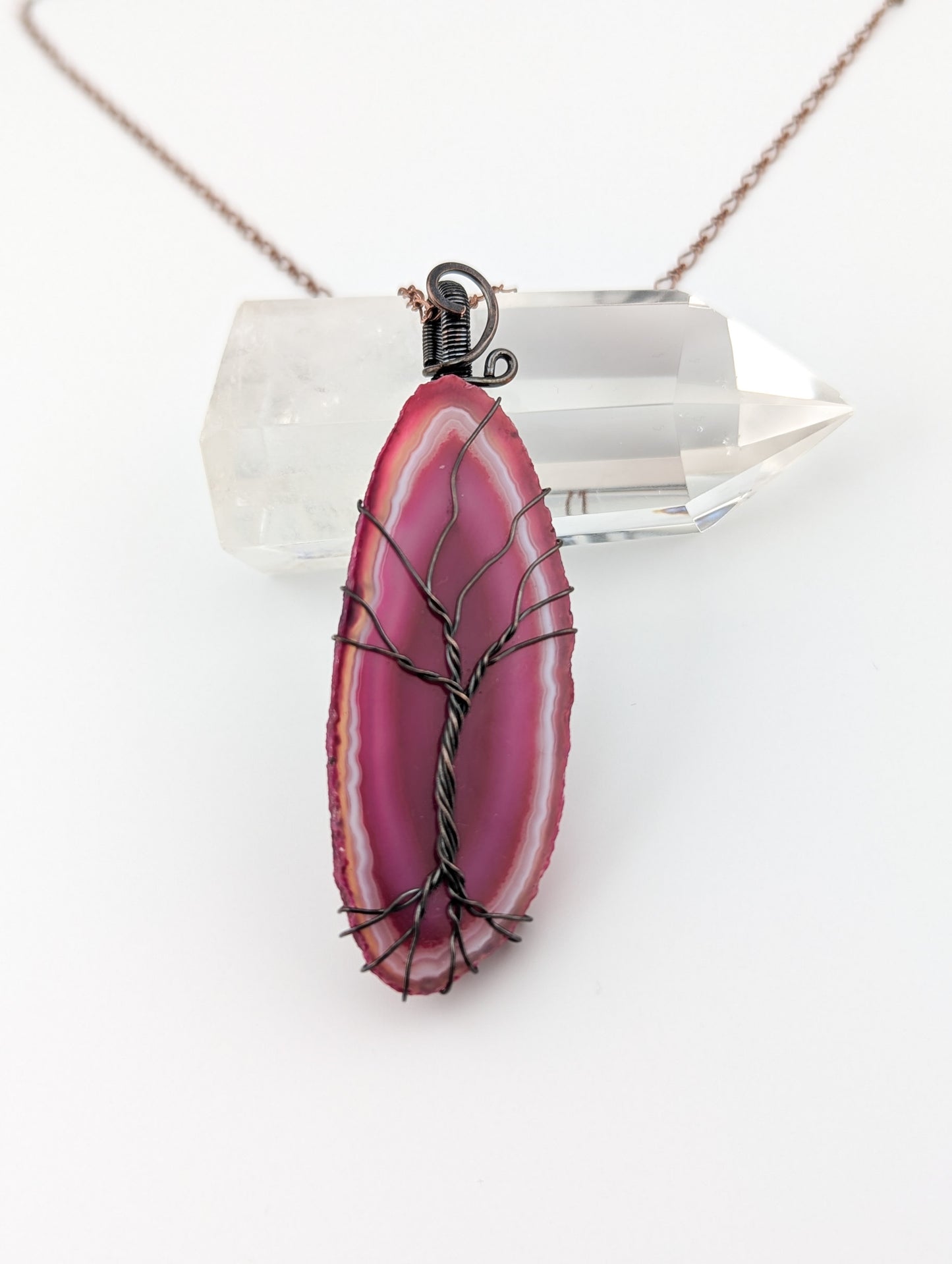 Pink Agate Slice Tree of Life Pendant