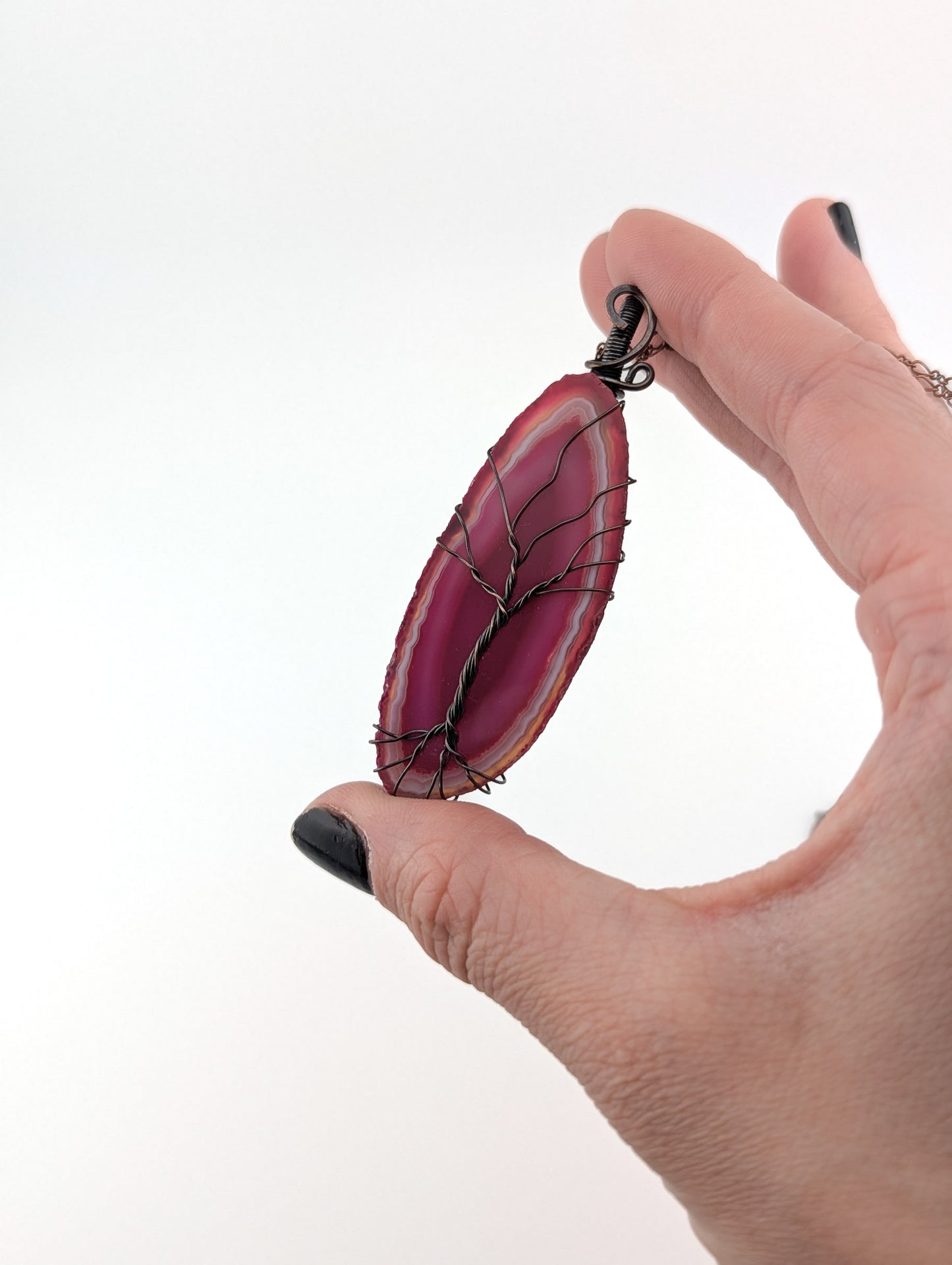 Pink Agate Slice Tree of Life Pendant