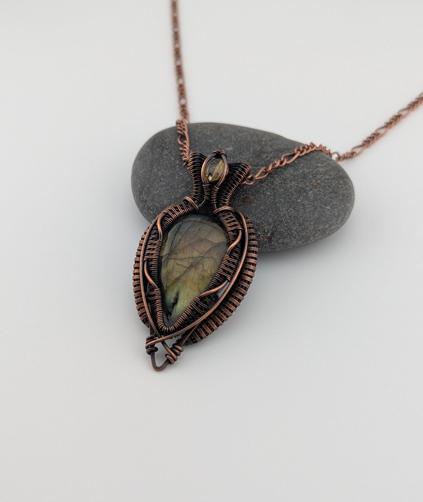 Wire Wrapped Gold Labradorite and Rutilized Quartz Handmade Copper Pendant Necklace