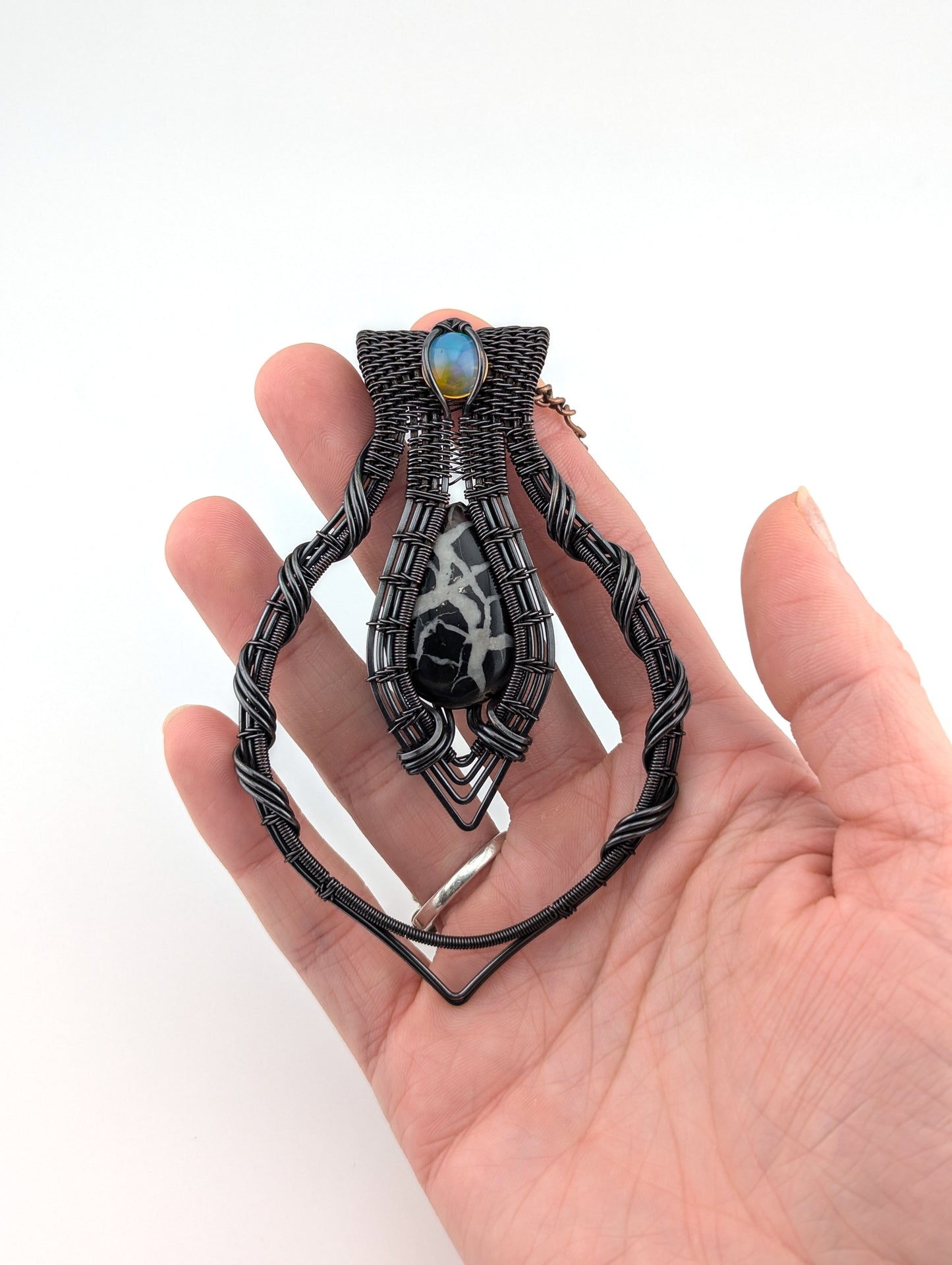 Wire Wrapped Septarian and Ethiopian Opal Handmade Copper Pendant Necklace