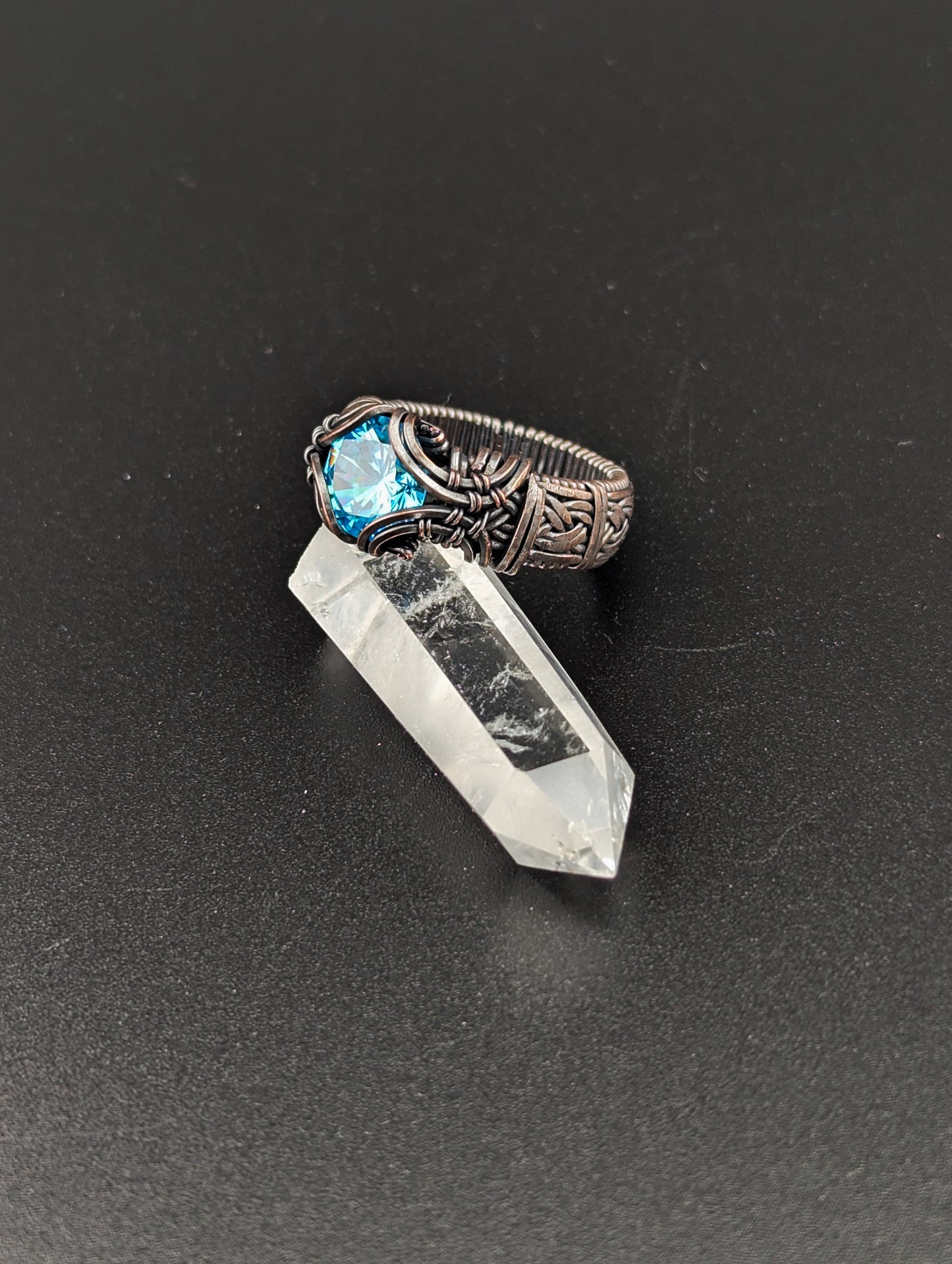 Wire Wrapped Cubic Zirconia Handmade Ring, Antique Copper, Brilliant Cut Blue CZ