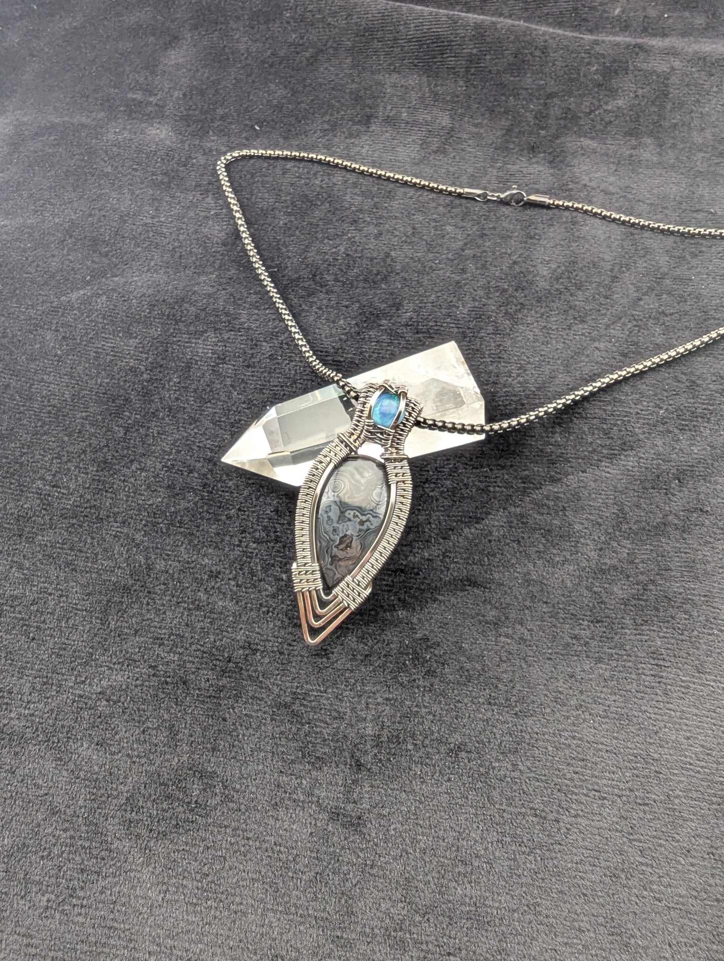 Sterling Silver Psilomelane and Blue Opal Wire Wrapped Handmade Pendant Necklace