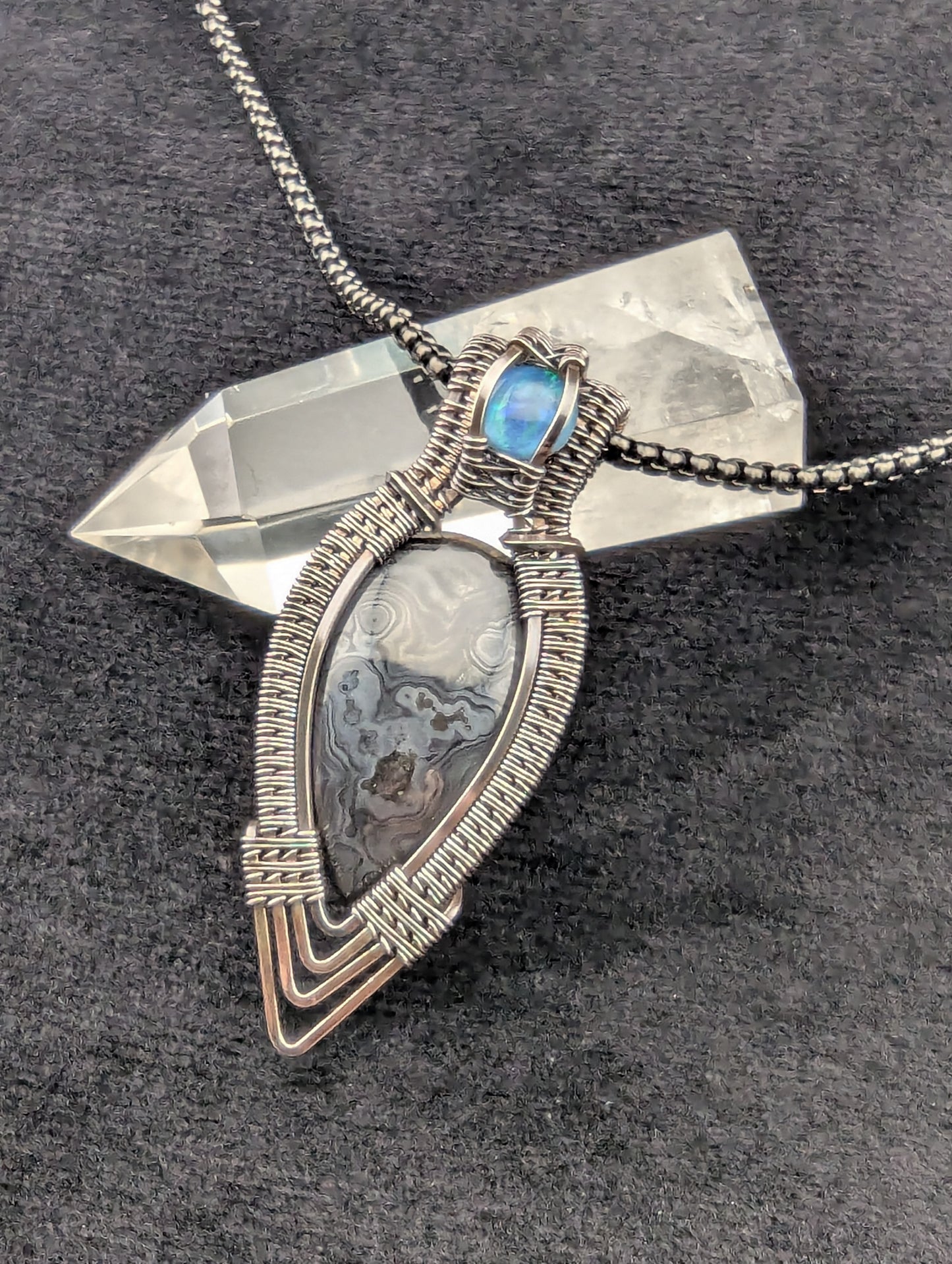 Sterling Silver Psilomelane and Blue Opal Wire Wrapped Handmade Pendant Necklace