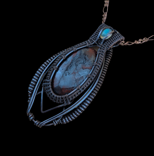 Jaspilite and Ethiopian Opal - Copper Pendant - "Stoneborn Embers"