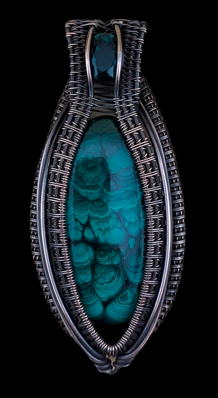 Malachite and Lab Emerald - Copper Pendant - "Verdant Throne"