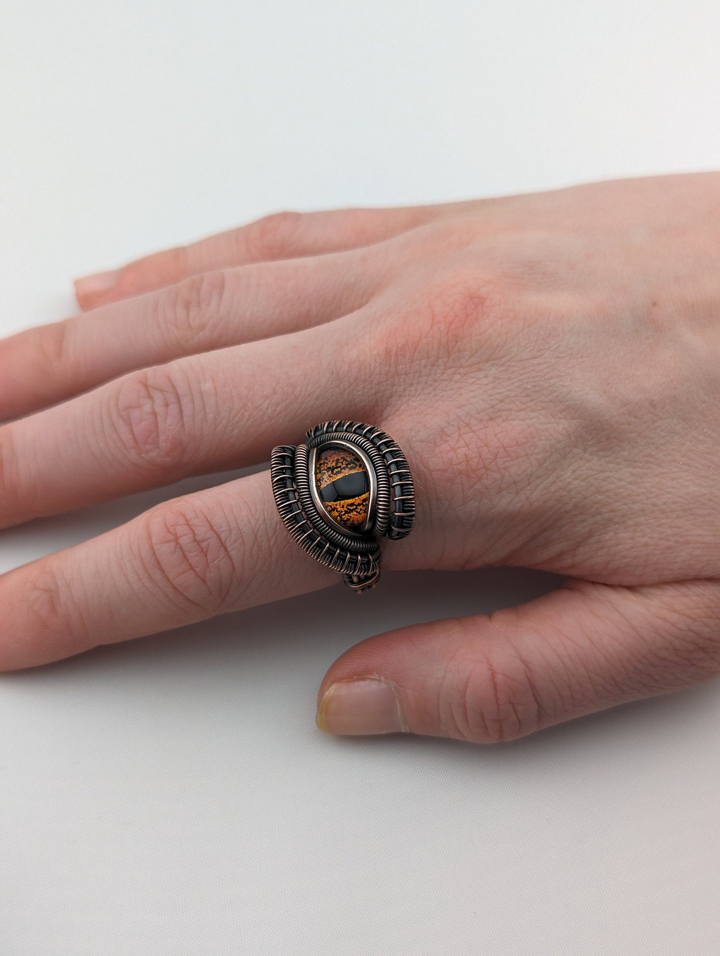 Wire Wrapped Fiery Orange Dragon Eye Handmade Copper Ring   Size 7