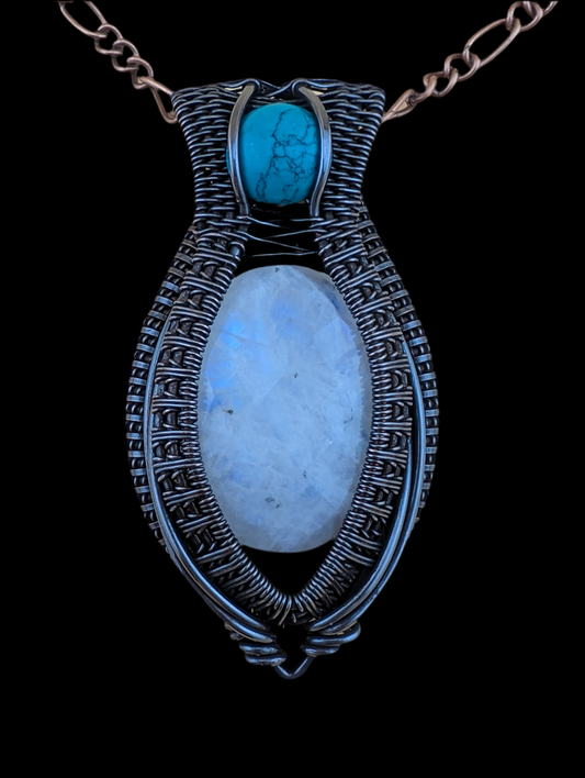 Moonstone & Turquoise - Copper Pendant - "Once in a Blue Moon”