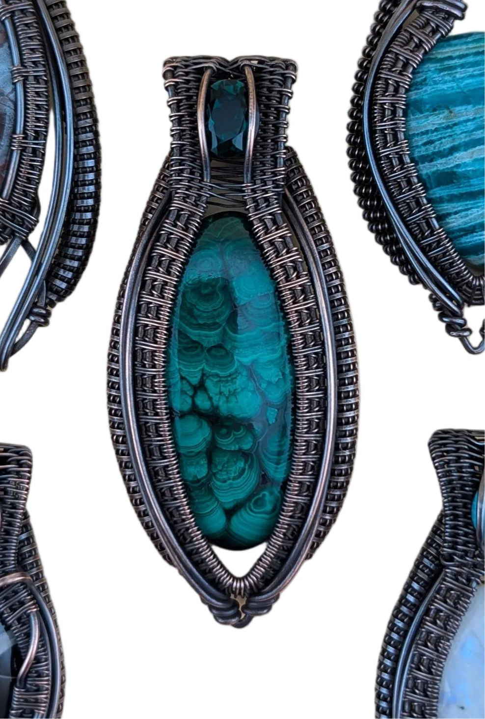 Malachite and Lab Emerald - Copper Pendant - "Verdant Throne"