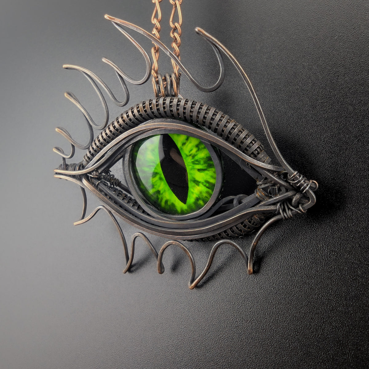 Green Dragon Eye Wire Wrapped Copper Pendant - "Venomfang"
