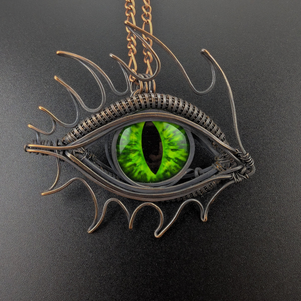 Green Dragon Eye Wire Wrapped Copper Pendant - "Venomfang"