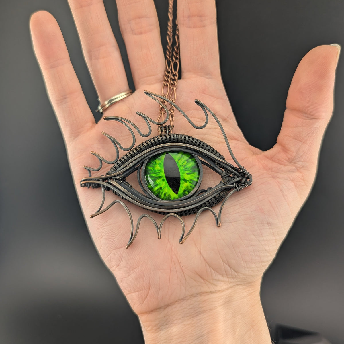 Green Dragon Eye Wire Wrapped Copper Pendant - "Venomfang"