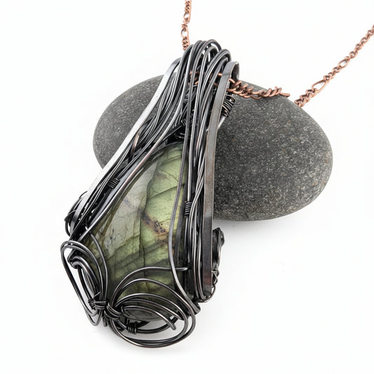 Green Labradorite Copper Pendant - "Tree Frog"