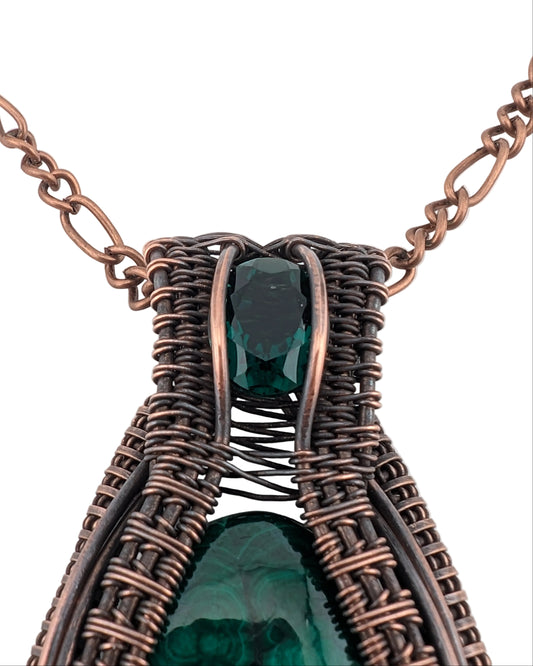 Malachite and Lab Emerald - Copper Pendant - "Verdant Throne"