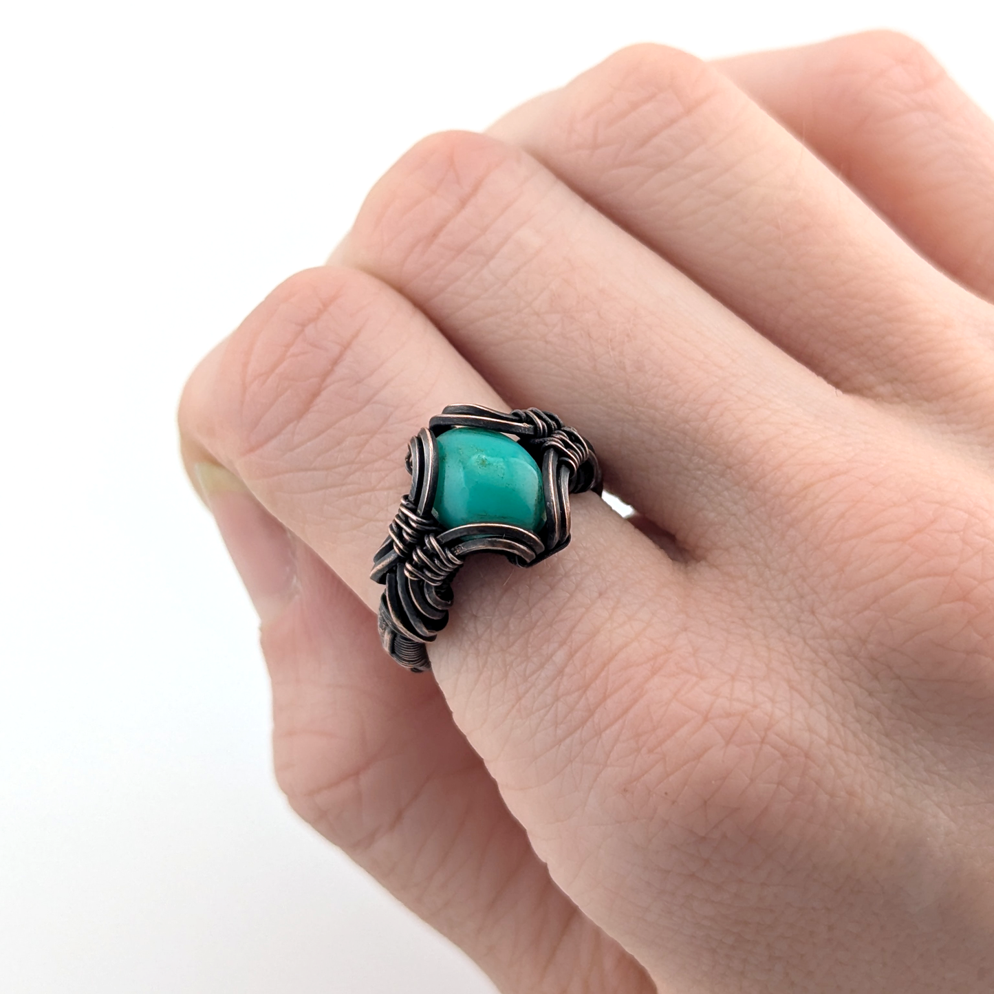 Chrysoprase - Copper Wire Wrapped Ring - Size 5.5