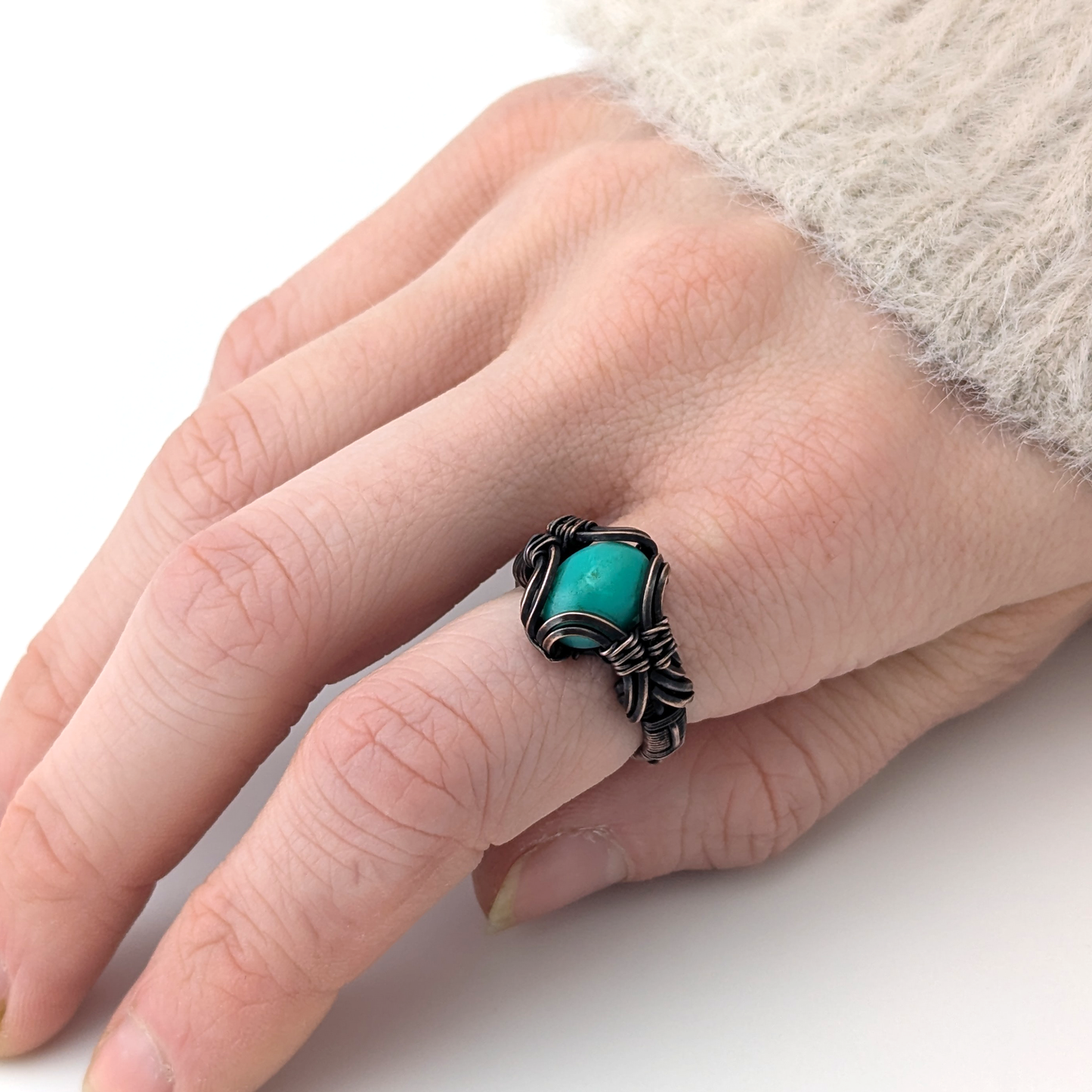 Chrysoprase - Copper Wire Wrapped Ring - Size 5.5