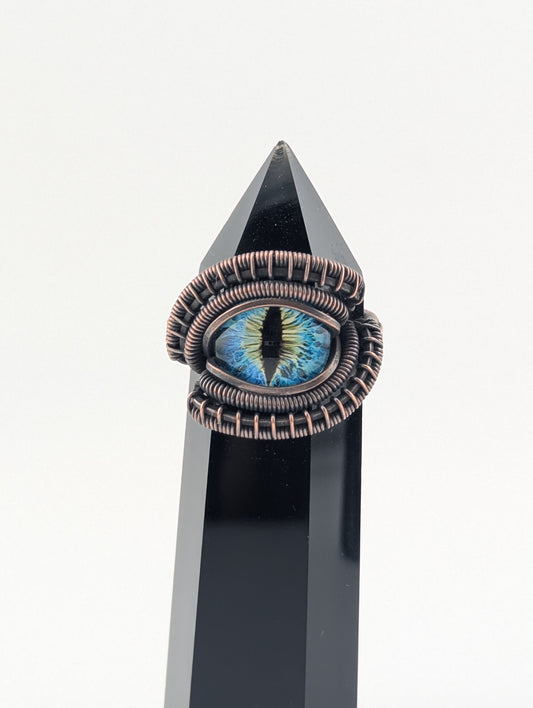 Blue Green Dragon Eye - Magnificent Copper  Ring - Size 9