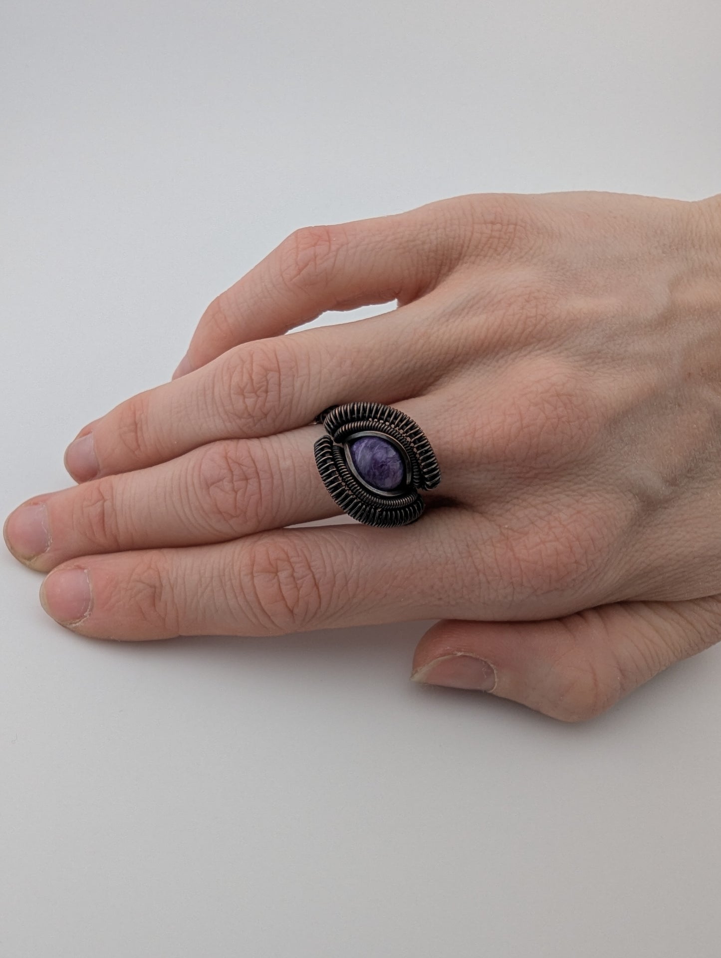 Charoite Magnificent Copper Wire Wrapped Ring - Size 10.75