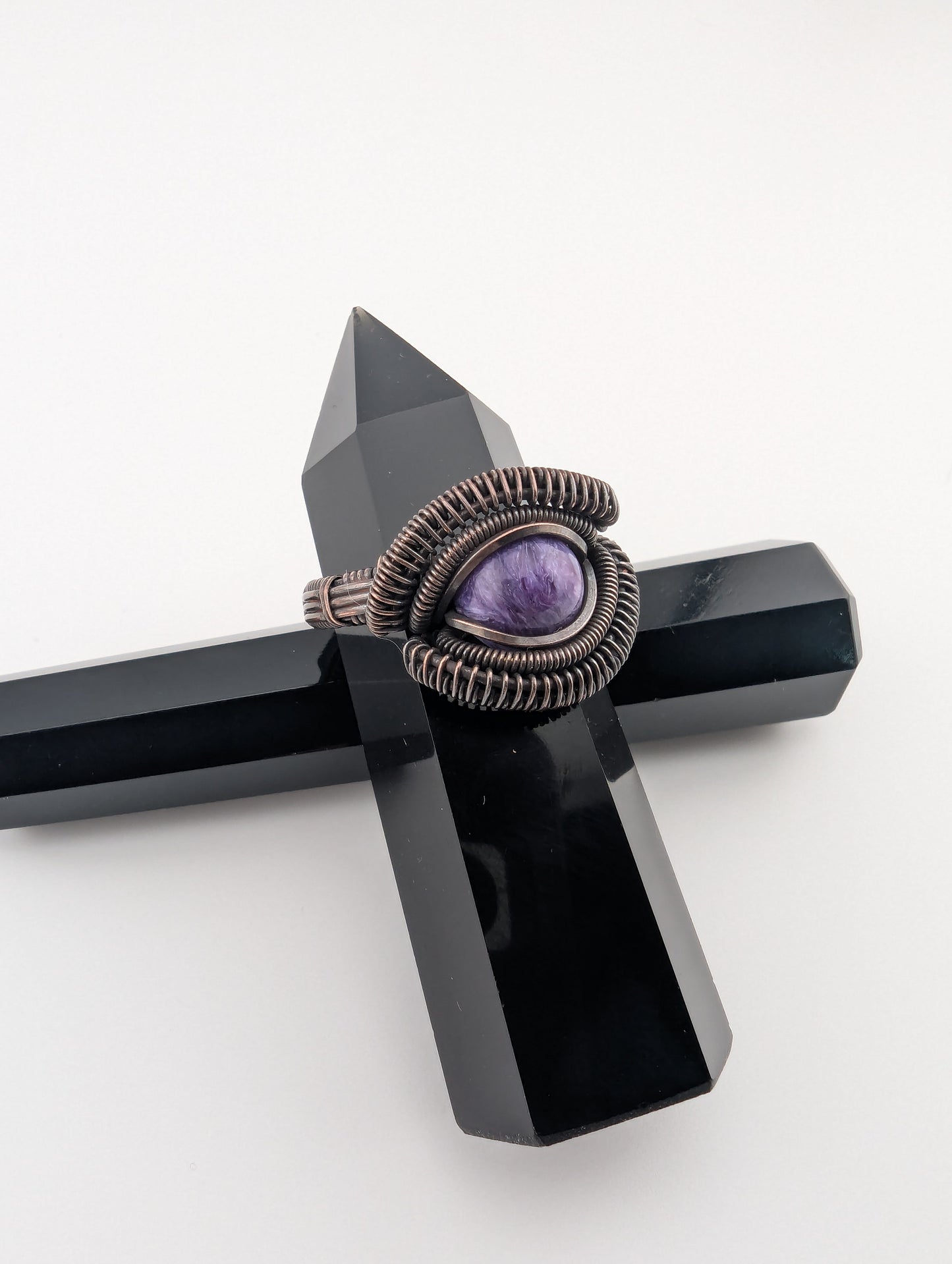 Charoite Magnificent Copper Wire Wrapped Ring - Size 10.75